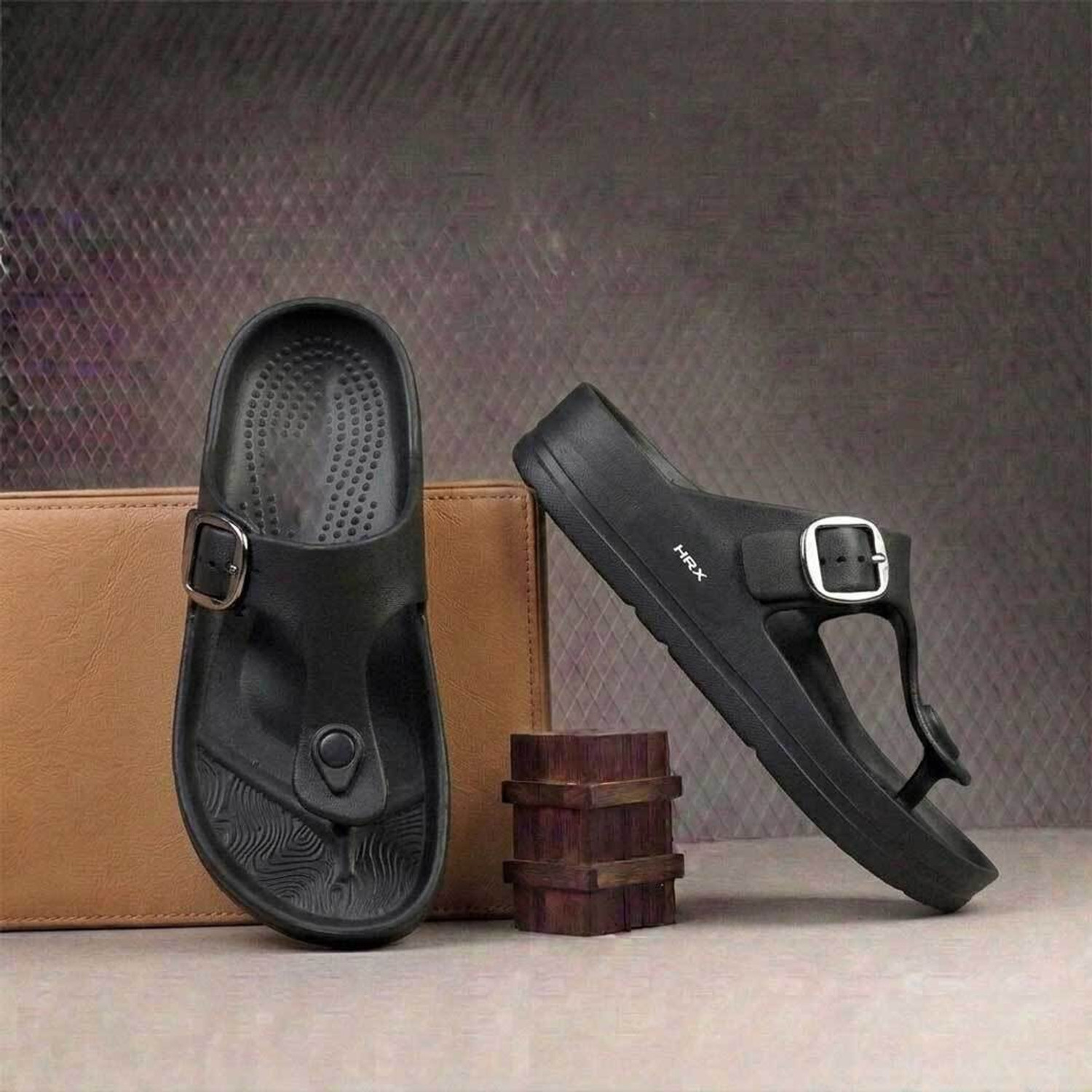 Image of RED TAPE Men Slides (Black, Blue , 6)