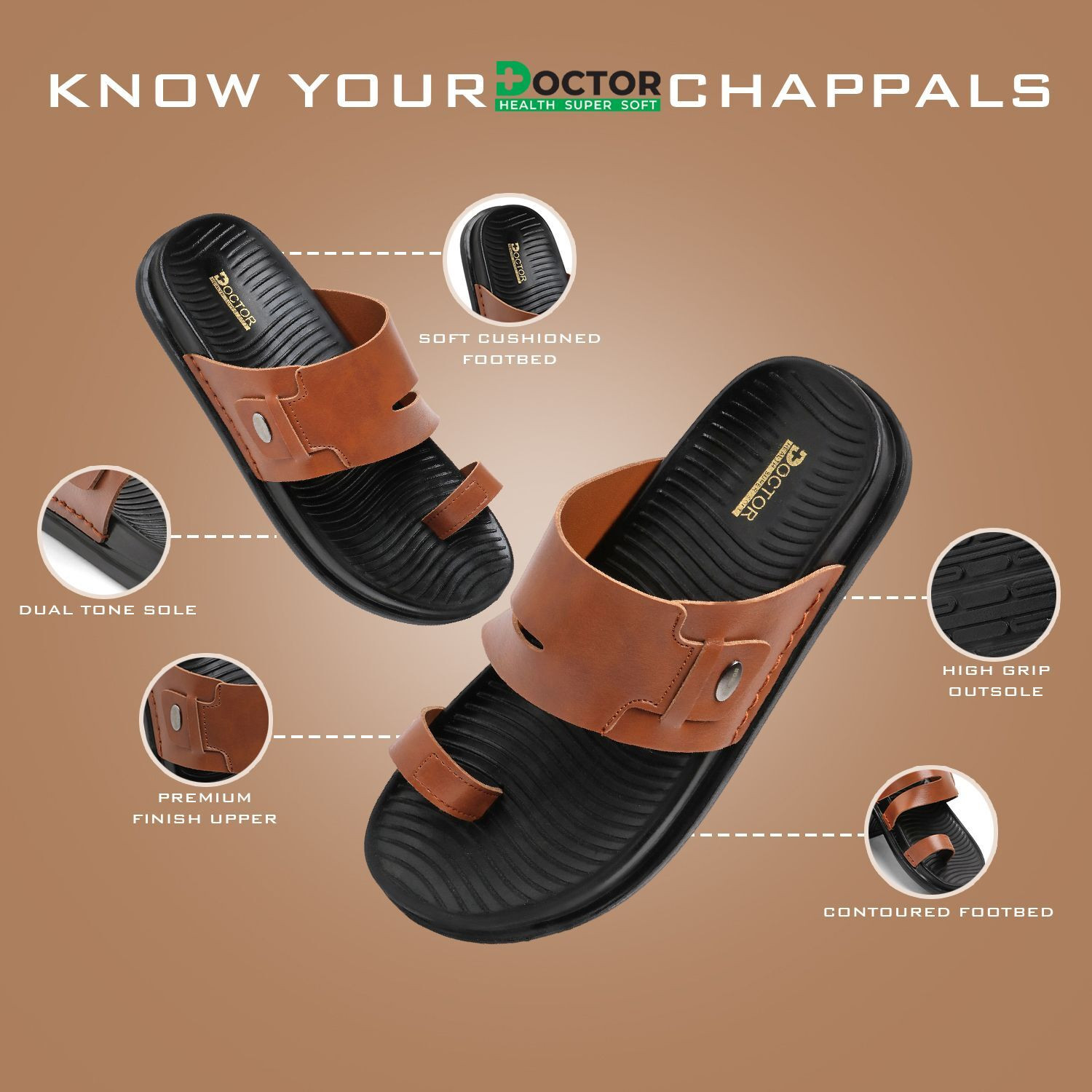 Image of Doctor Health Super Soft Super Soft Orthopedic Slippers Men | Supportive Sole, Anti Slip | Walking Men Flip Flops (Tan , 8)