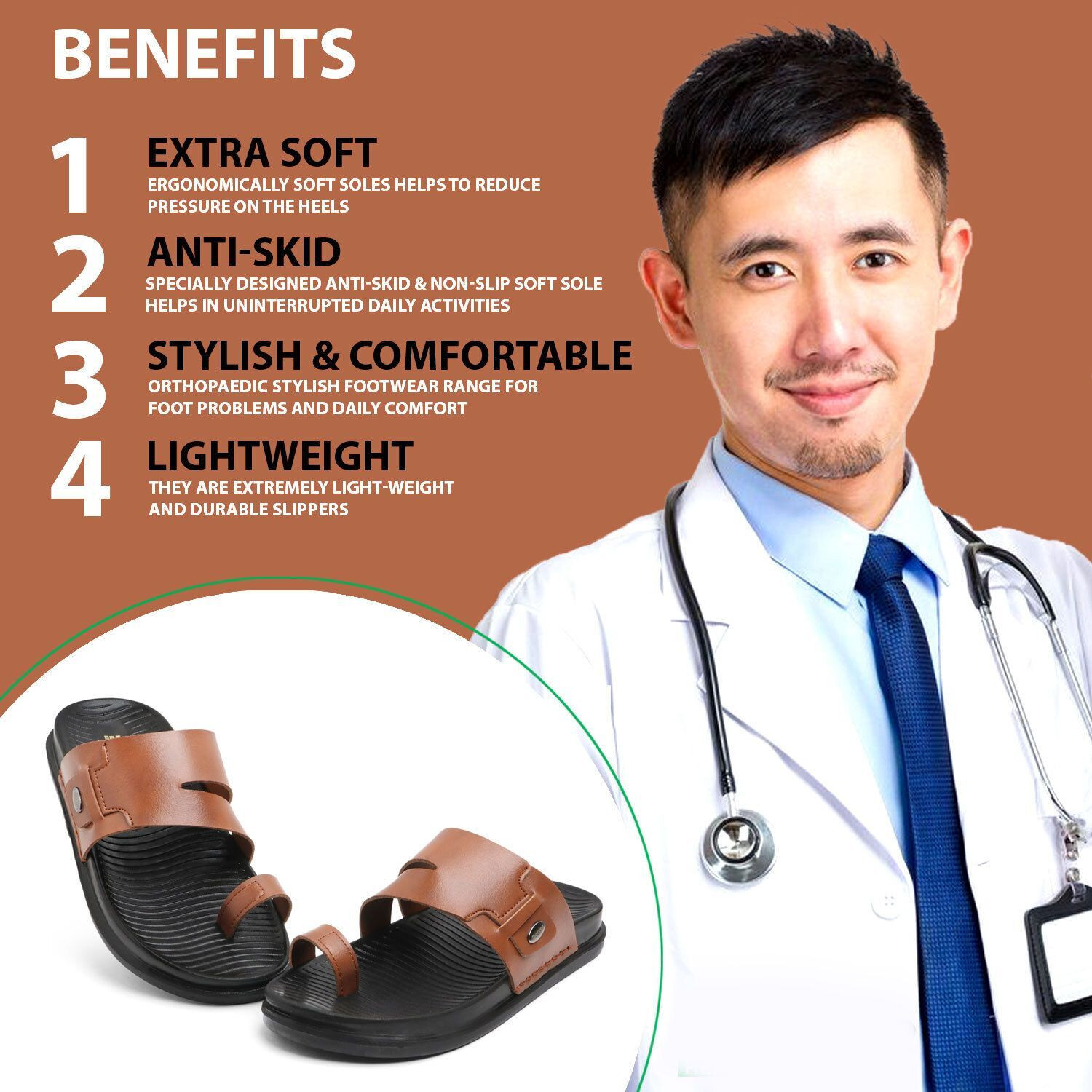 Image of Doctor Health Super Soft Super Soft Orthopedic Slippers Men | Supportive Sole, Anti Slip | Walking Men Flip Flops (Tan , 8)