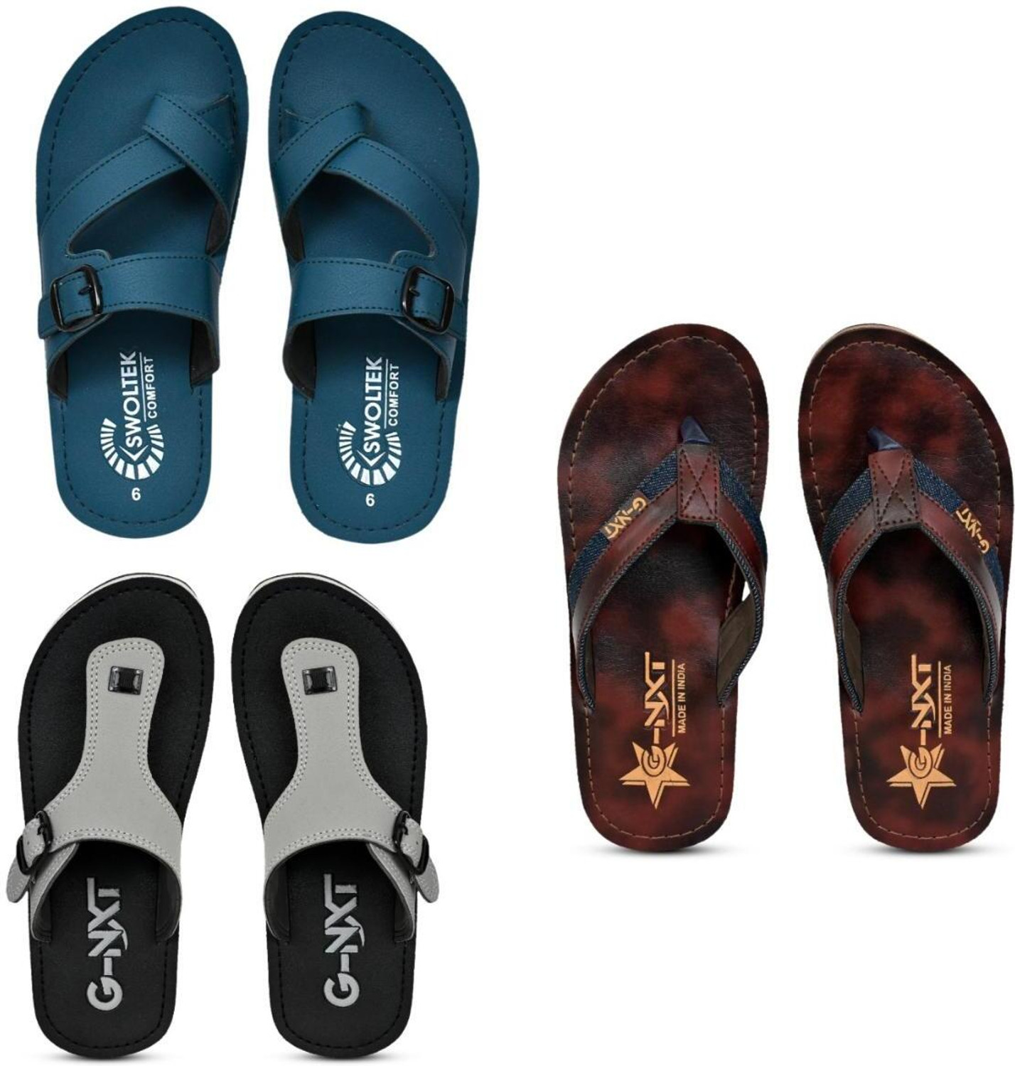 Image of G NXT Men Flip Flops (Blue, Brown, Grey , 7)