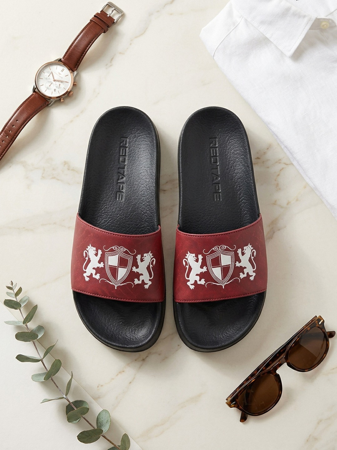 Image of RED TAPE Men Slides (Red, Black , 10)