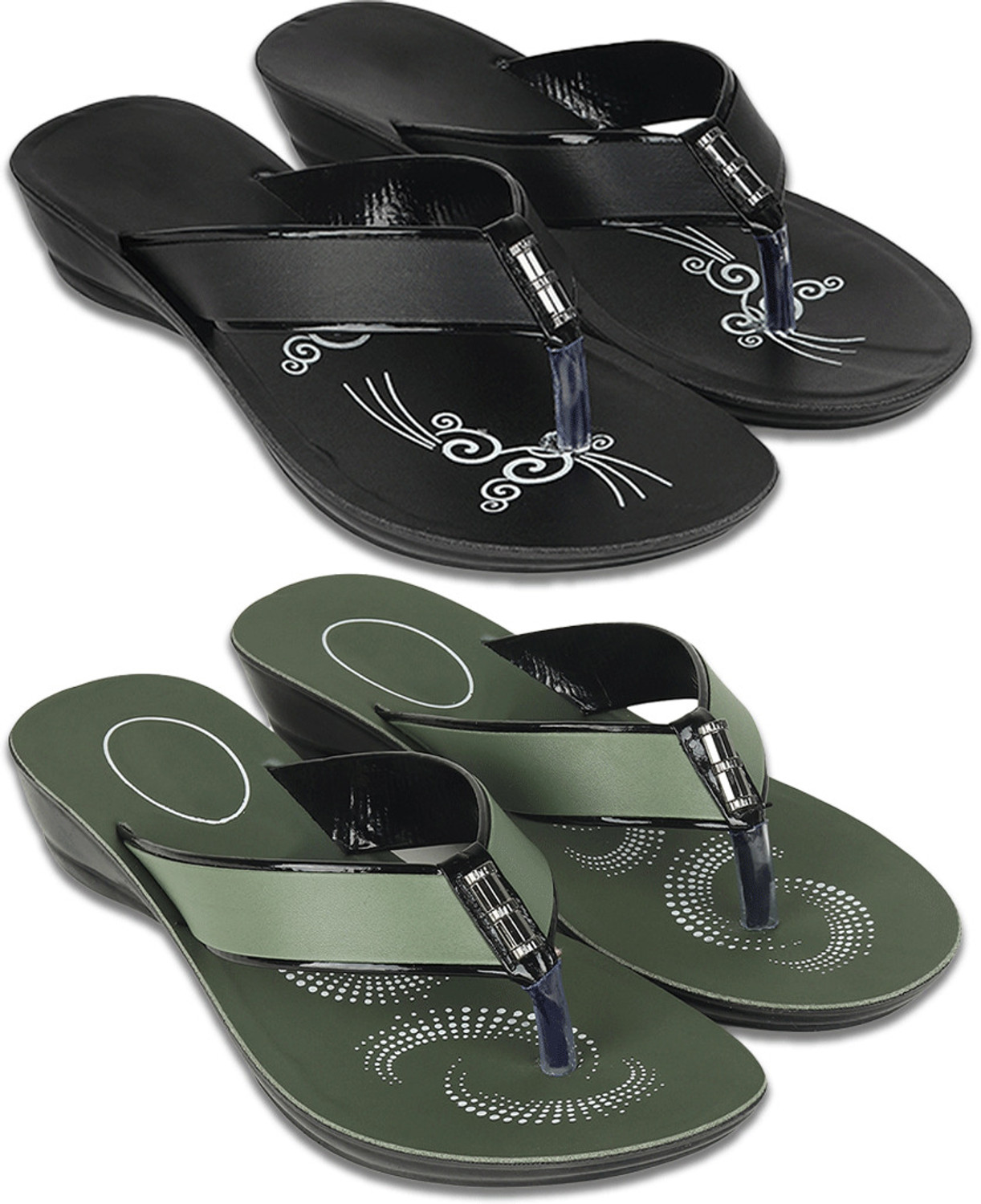 Image of Aaska Women Slippers (Black, Green , 6)