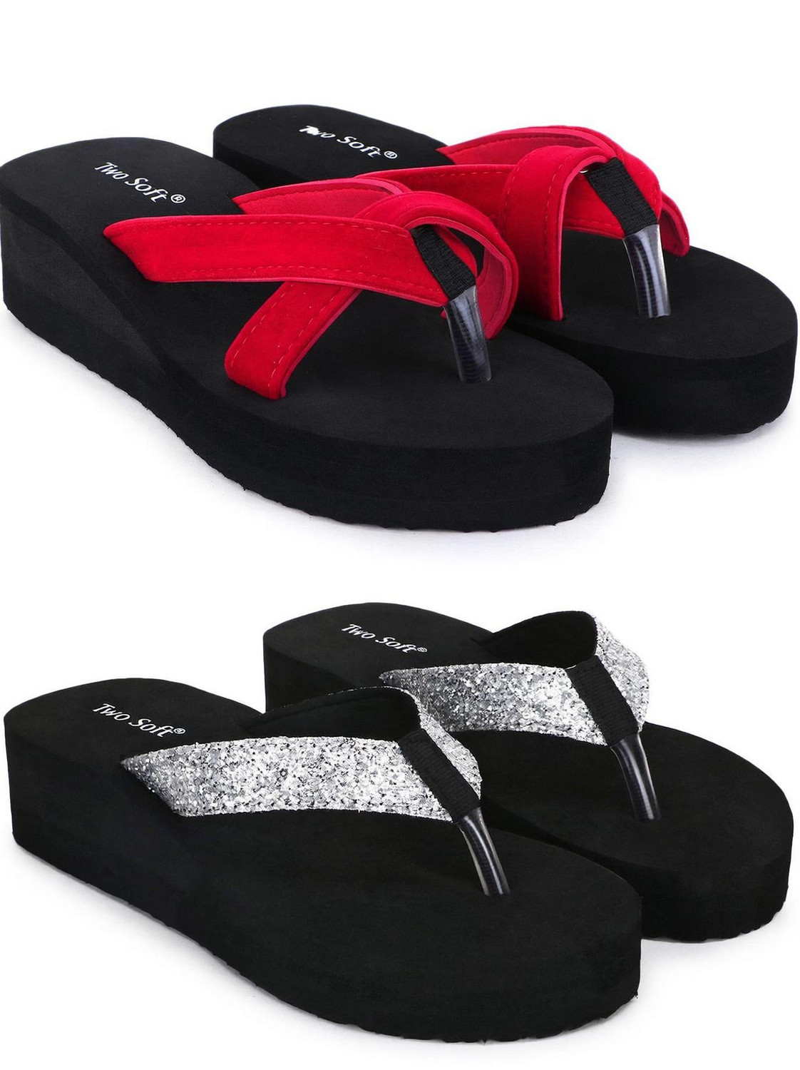 Image of TWO SOFT Combo Pack Of 2 Stylish Casual Light & Soft Comfortable Daily Wear Women Slippers (Black, Pink , 4)
