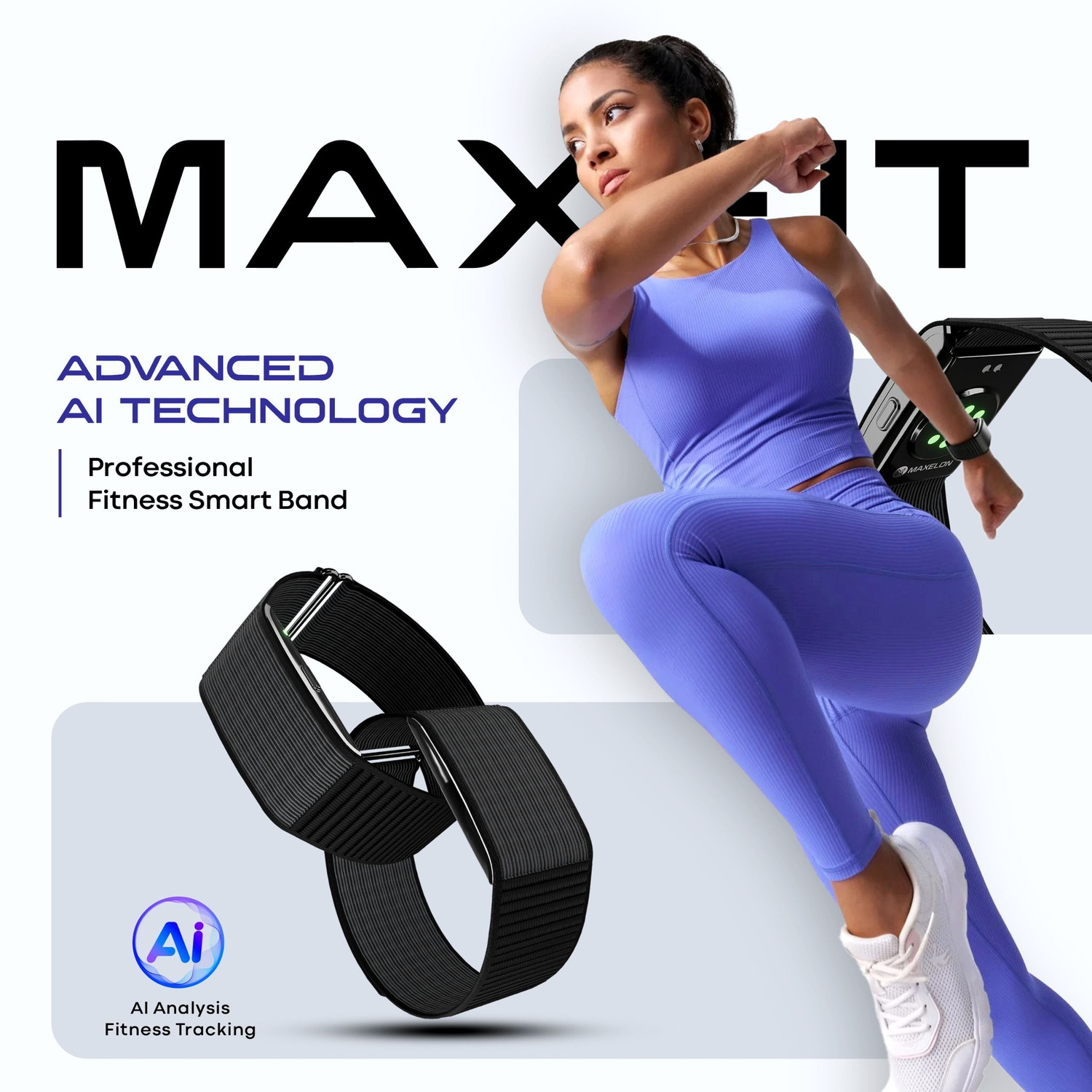 Image of Maxelon MaxFit2.0 Smart AI Fitness Band,175+Sports Mode, Subscription Free, Black (Black & Grey Strap, Size : standrad)