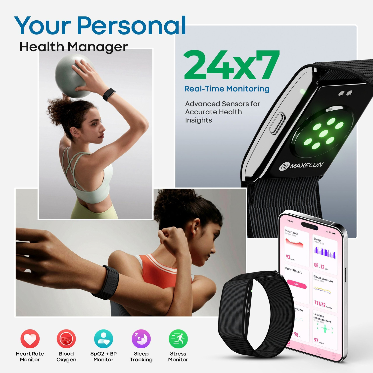 Image of Maxelon MaxFit2.0 Smart AI Fitness Band,175+Sports Mode, Subscription Free, Black (Black & Grey Strap, Size : standrad)
