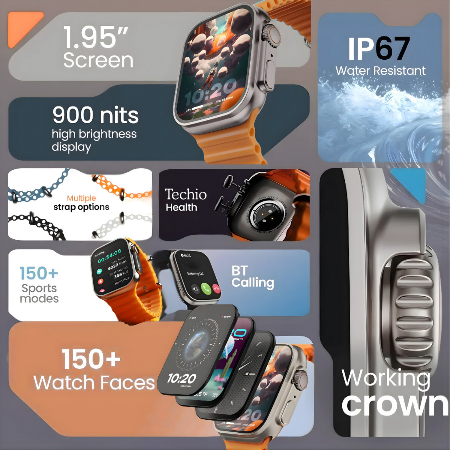 Image of TECHIO T800 Smart Watch Ultra V-Pro 742 Alpha Smart Watch Smartwatch (Orange Strap, Free Size)