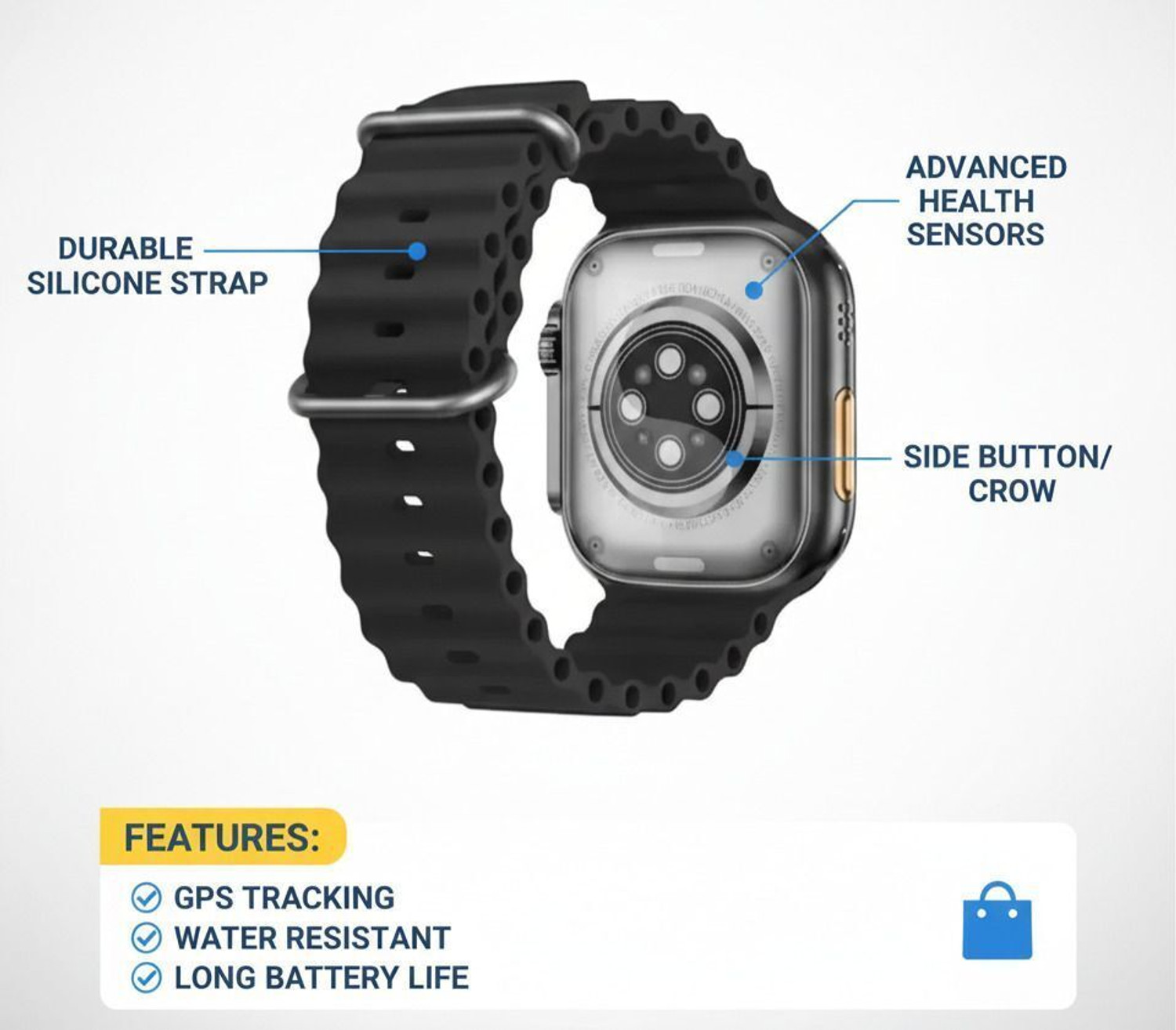 Image of TECHIO T800 Ultra BT Calling Watch, Wireless Charging, Health Tracking Sensor (Black) Smartwatch (BLACK Strap, FREE SIZE)