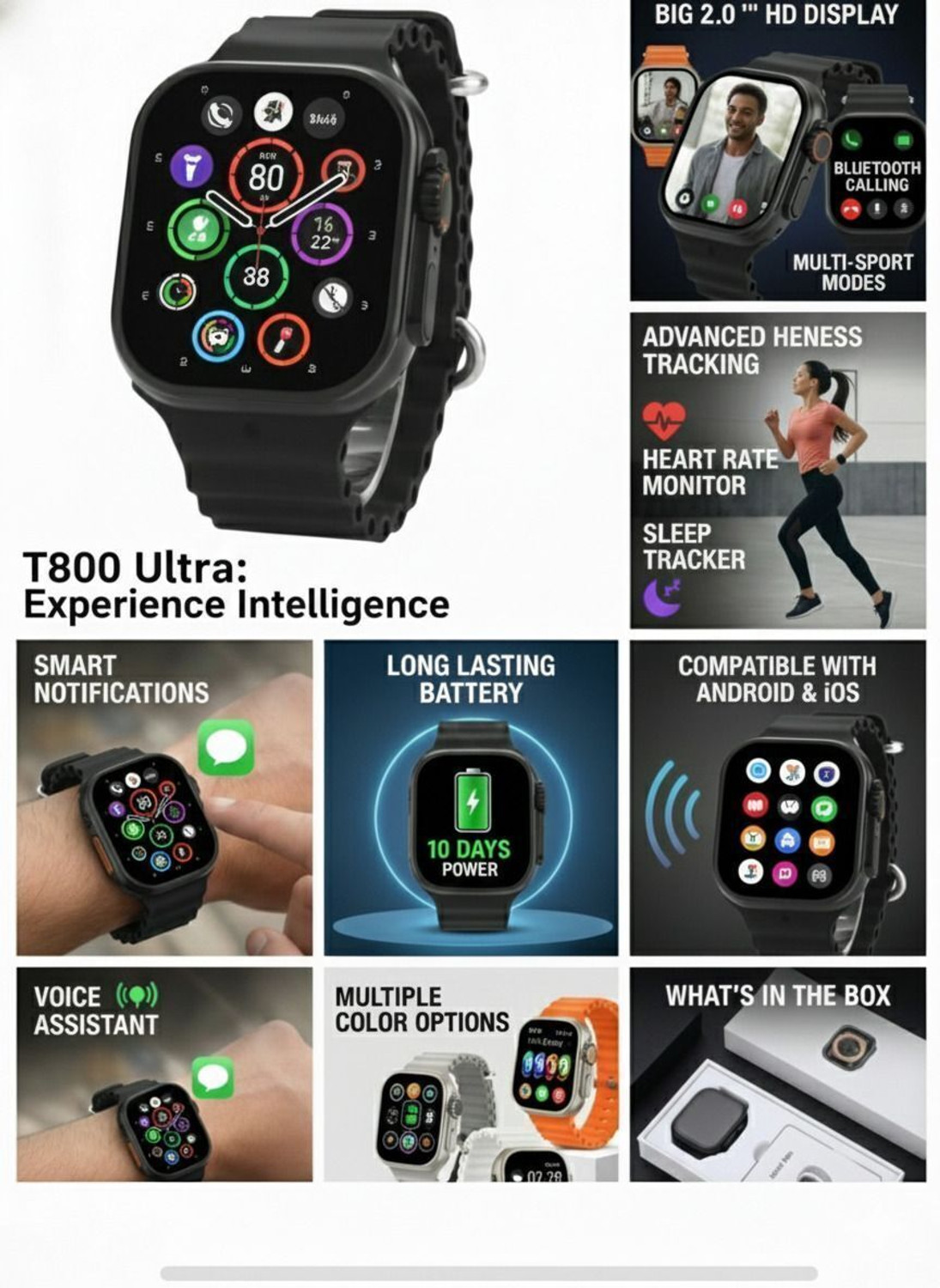 Image of TECHIO T800 Ultra BT Calling Watch, Wireless Charging, Health Tracking Sensor (Black) Smartwatch (BLACK Strap, FREE SIZE)