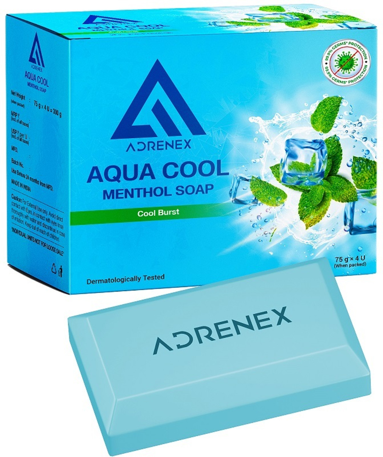 Adrenex Aqua Cool Menthol Soap 4x75g Pack of 4 · 75 g (300 g total) - Image 1