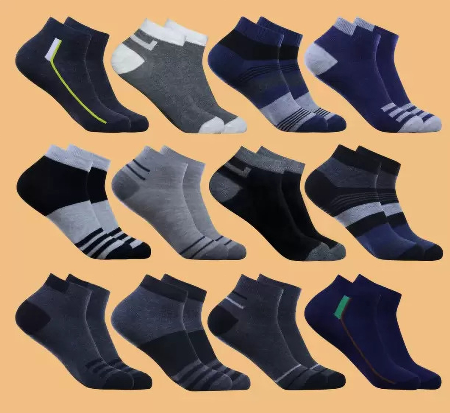 Image of MJE Men & Women Striped, Color Block, Solid Ankle Length, Peds /Footie /No-Show (Pack of 12)