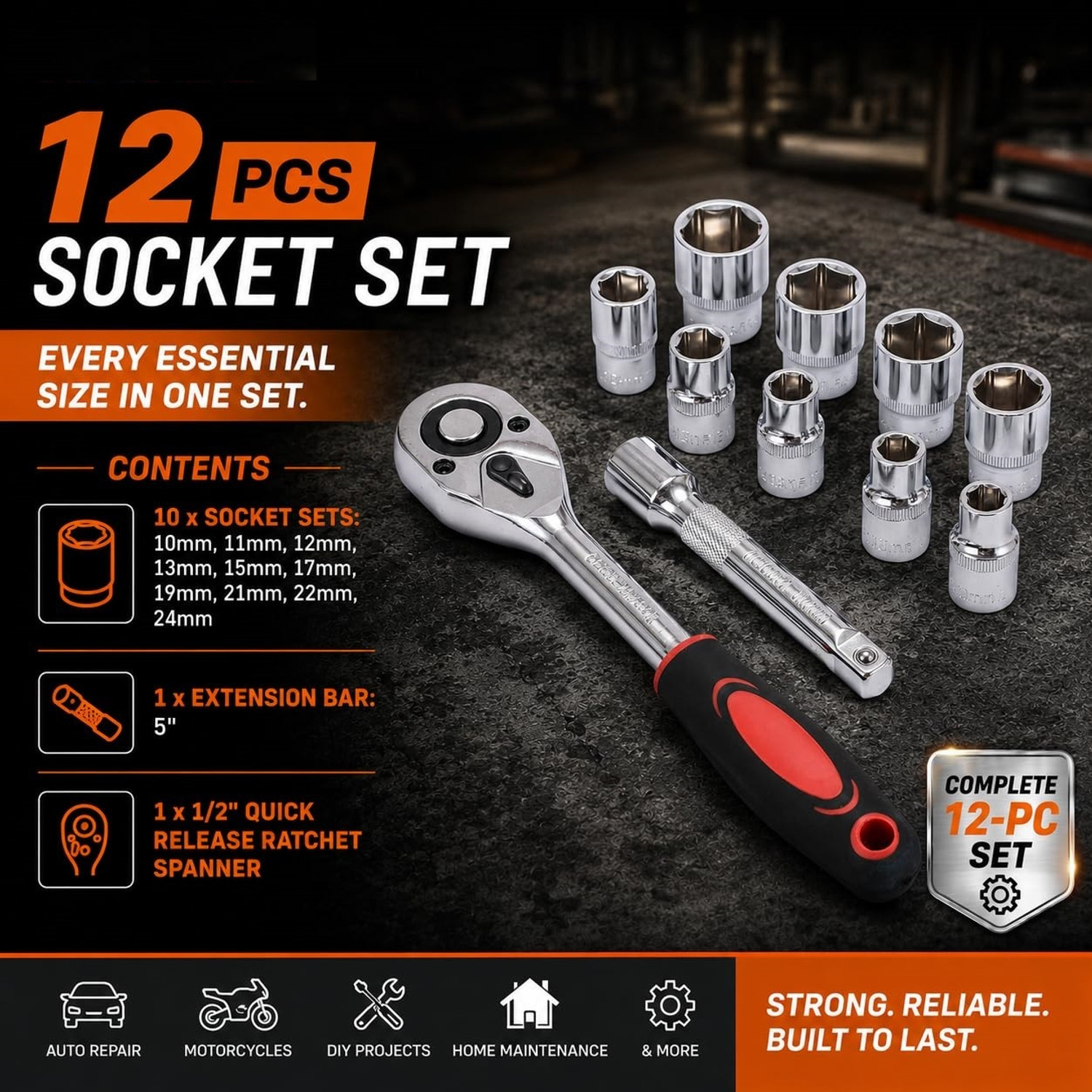 Image of Riya Creation 1 /4 Inch Socket Set 12Pcs with Ratchet Spanner for Car Machinery Repair Tools Socket Set (Pack of 12)