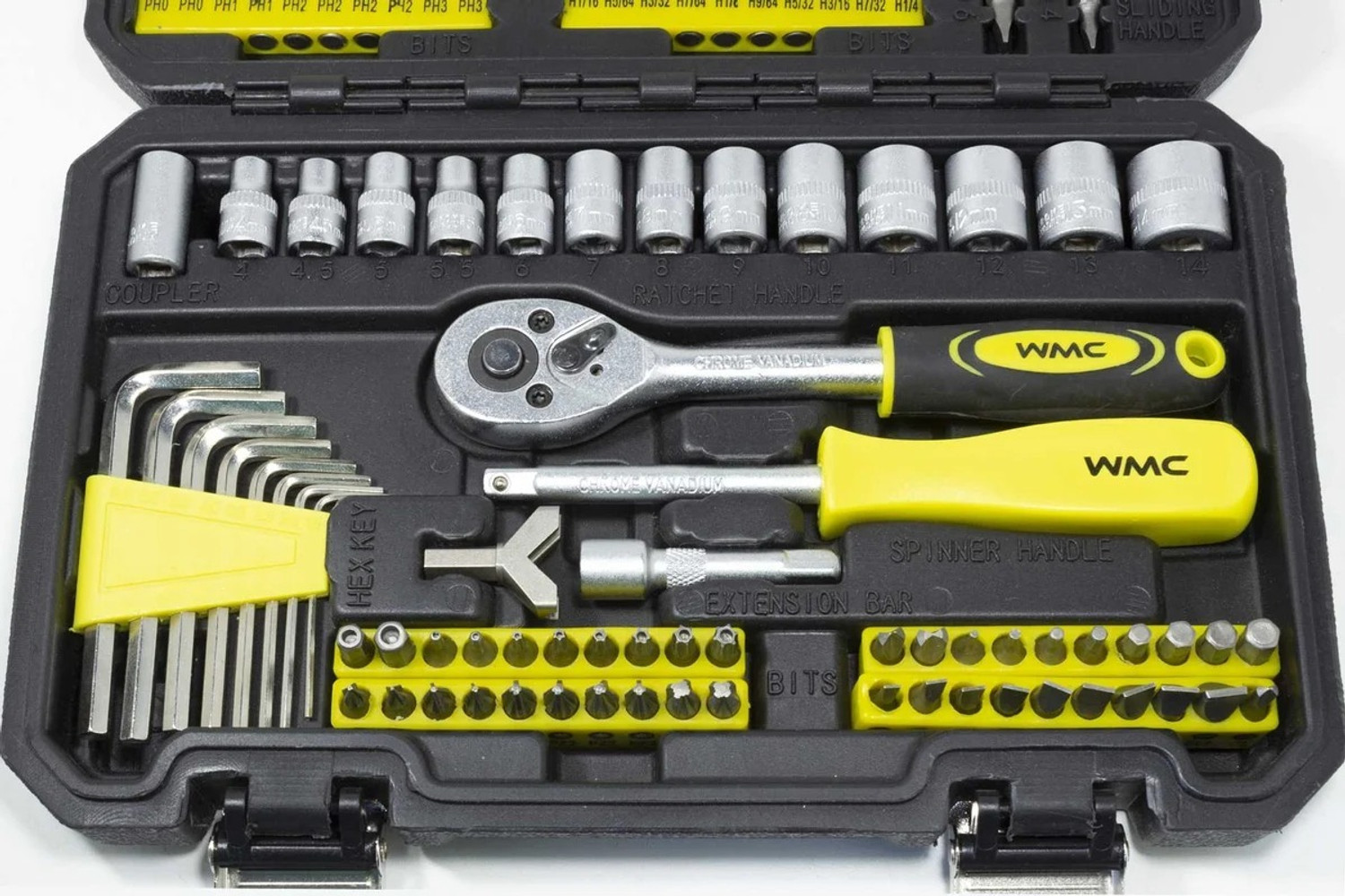Image of WMC Tool Kit Set with Hammer, Screwdriver Bits, Plier & Measuring Tape Socket Set (Pack of 130)