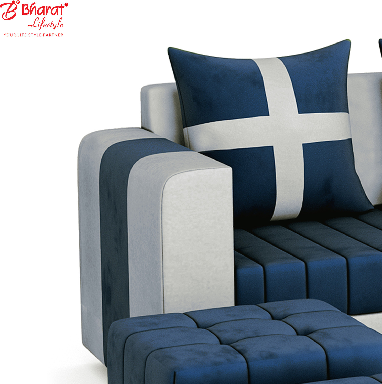 Image of Bharat Lifestyle Kohinoor Fabric 8 Seater Sofa (Finish Color - Blue & Grey, DIY(Do-It-Yourself))