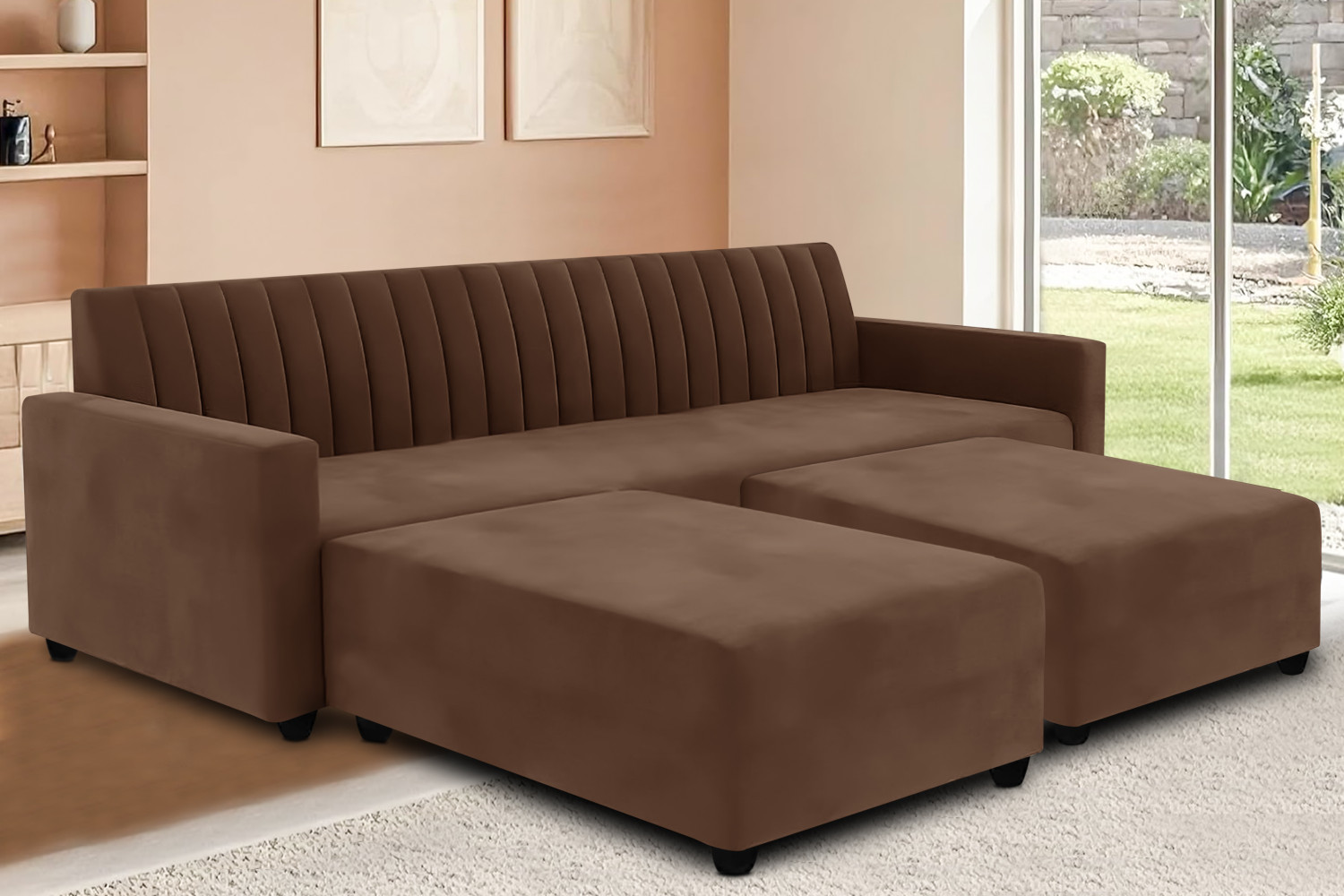 Image of Dr Smith Modern L-Shaped Sectional Sofa Set with Tufted Backrest & Ottoman Fabric 5 Seater Sofa (Finish Color - Brown, Pre-assembled)