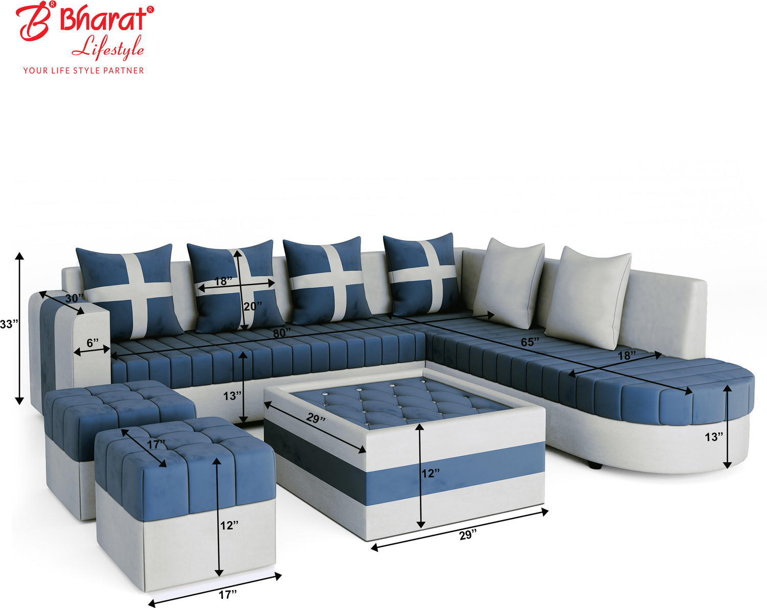 Image of Bharat Lifestyle Kohinoor Fabric 8 Seater Sofa (Finish Color - Blue & Grey, DIY(Do-It-Yourself))