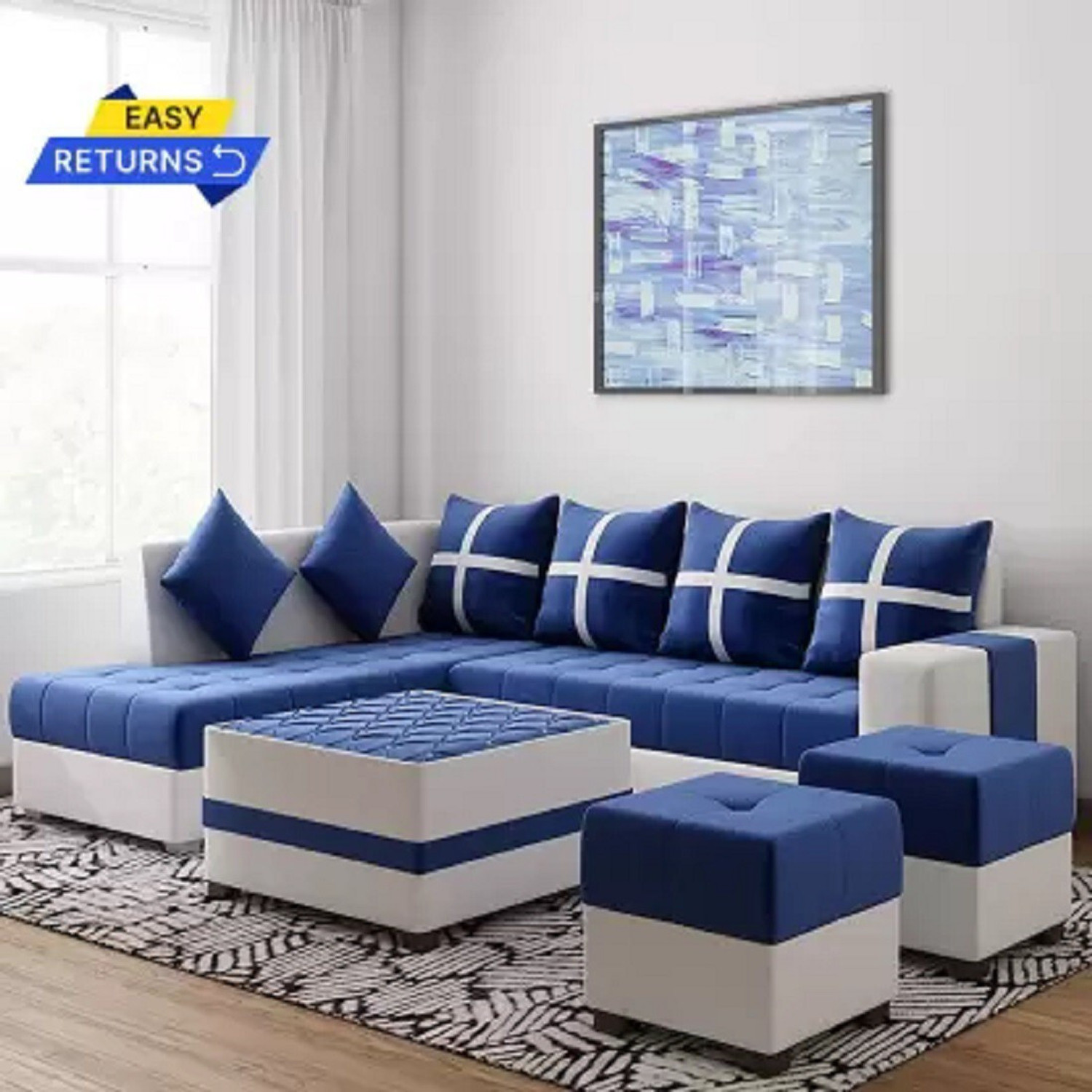 Image of Bharat Lifestyle Kohinoor Fabric 8 Seater Sofa (Finish Color - Blue & Grey, DIY(Do-It-Yourself))