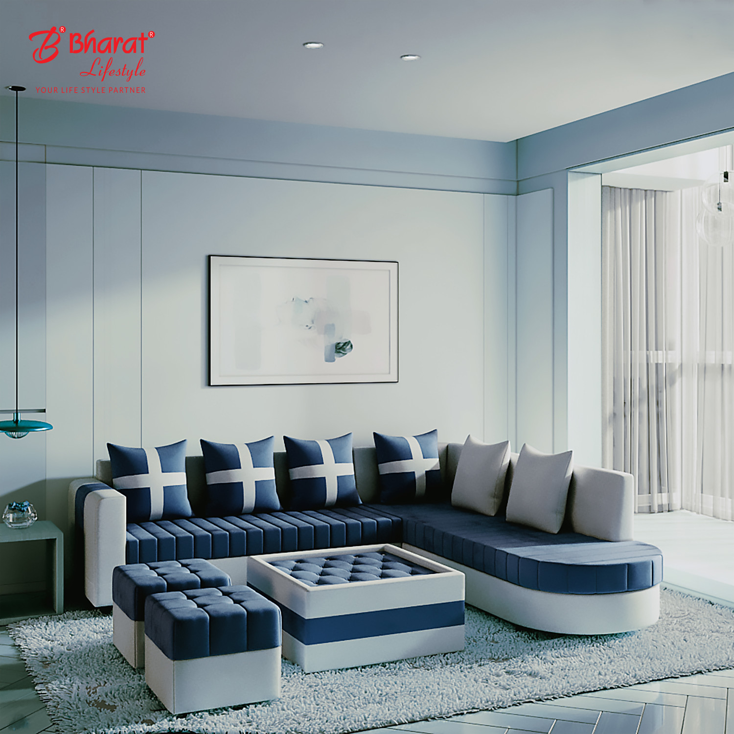 Image of Bharat Lifestyle Kohinoor Fabric 8 Seater Sofa (Finish Color - Blue & Grey, DIY(Do-It-Yourself))