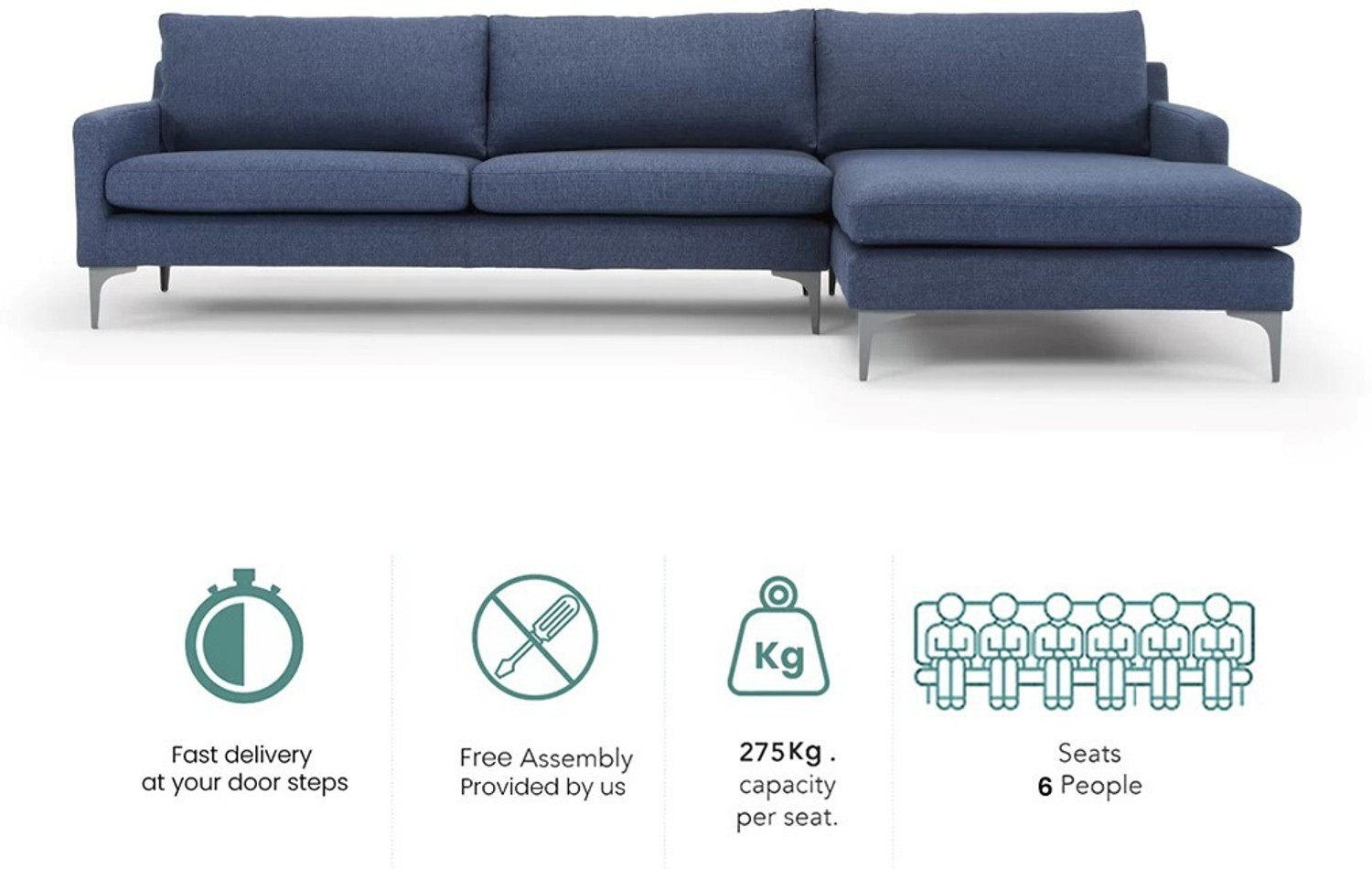 Image of Torque Franco 4 Seater Fabric L Shape Sofa for Living Room - (Right Side, Blue) Fabric 4 Seater Sofa (Finish Color - Blue, DIY(Do-It-Yourself))