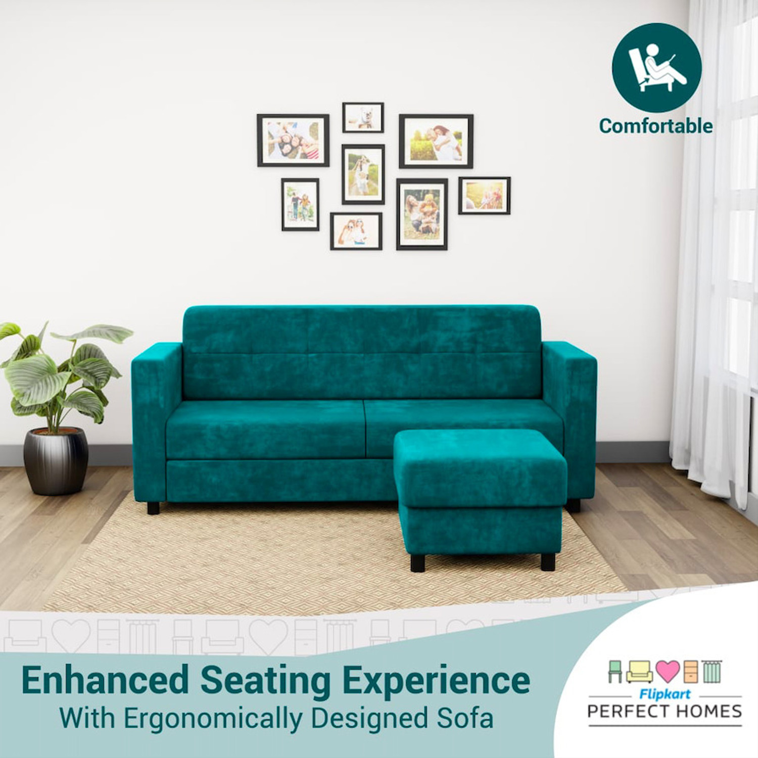 Image of Flipkart Perfect Homes Nora Fabric 4 Seater Sofa (Finish Color - Teal, DIY(Do-It-Yourself))