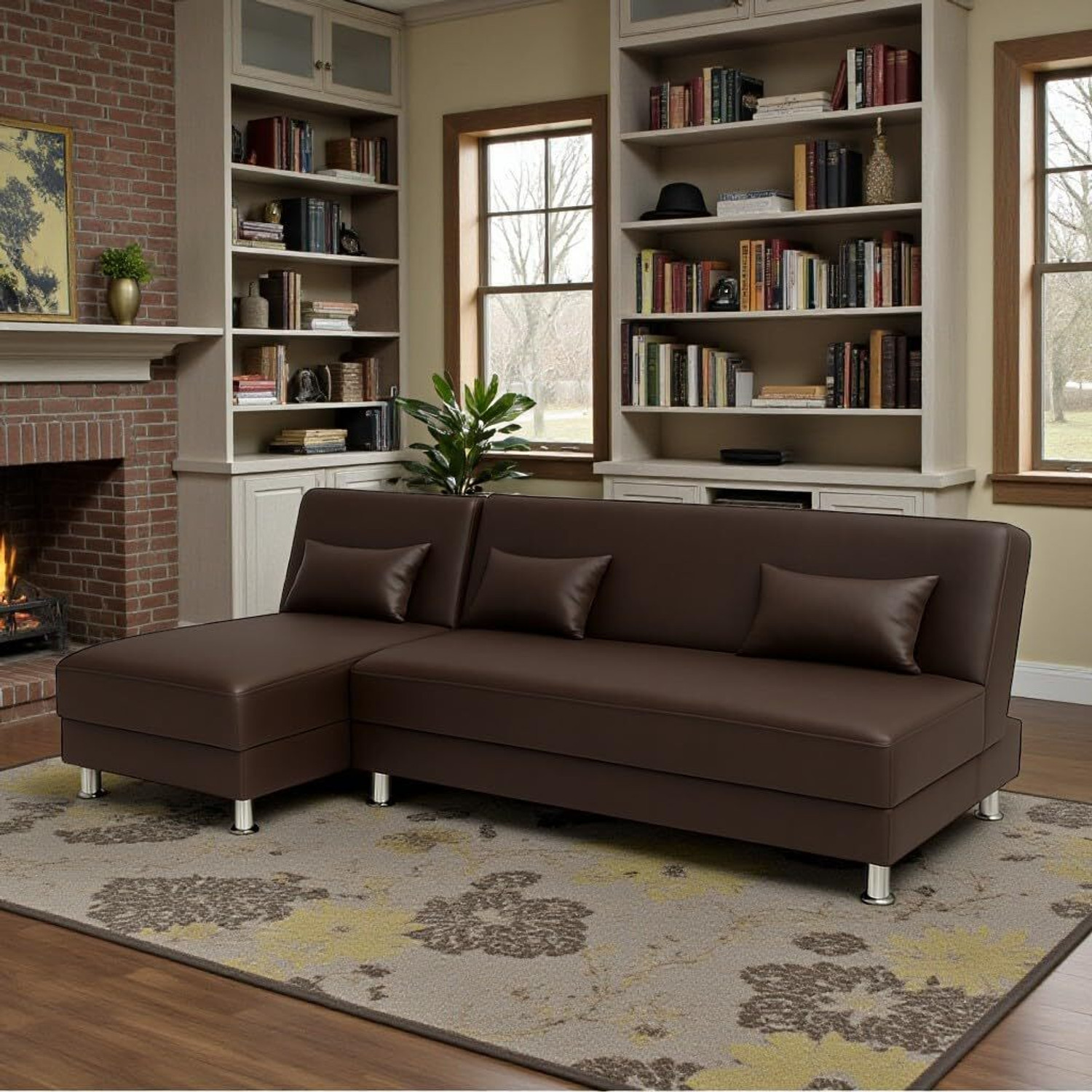 Image of FURNY Joybird 5 Seater LHS L Shape Sofa Cum Bed Set | Premium Leatherette Upholster Fabric 5 Seater Sofa (Finish Color - Brown, Pre-assembled)