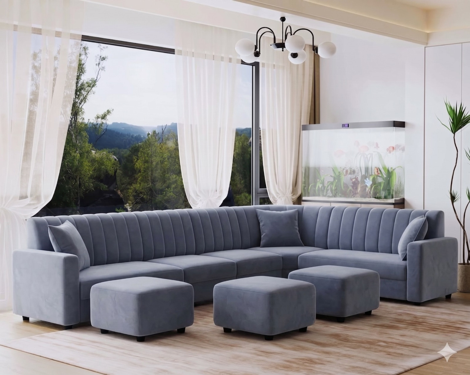 Image of Bharat Furniture 7 Seater Chesterfield L-Shape Sofa Set with Square Glass Table & 2 Puffies Fabric 3 + 3 + 1 Sofa Set (Light Grey & Dark Brown, DIY(Do-It-Yourself))