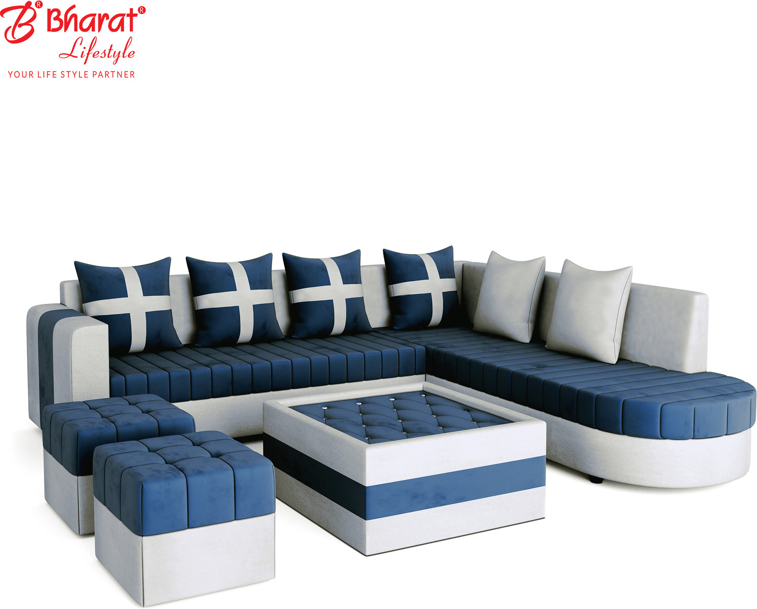 Image of Bharat Lifestyle Kohinoor Fabric 8 Seater Sofa (Finish Color - Blue & Grey, DIY(Do-It-Yourself))