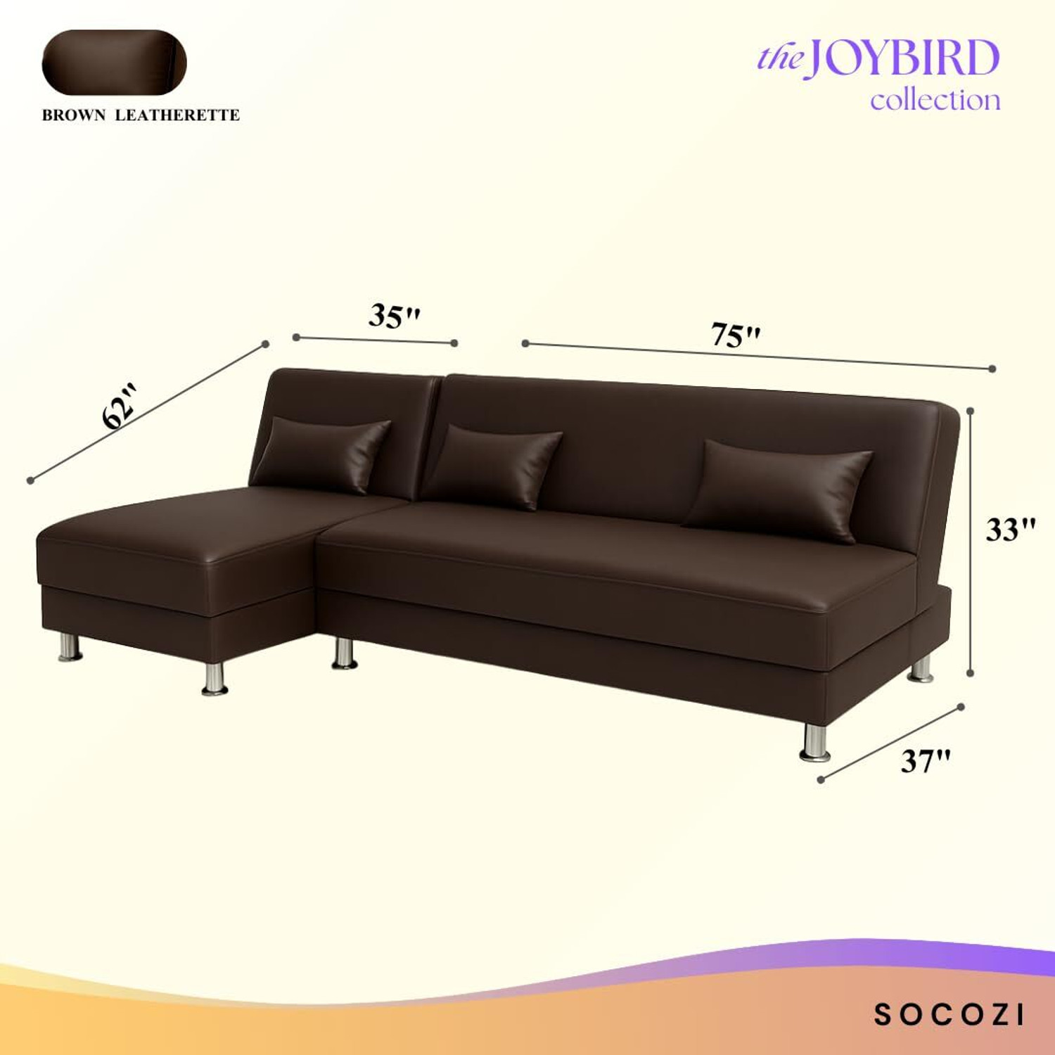 Image of FURNY Joybird 5 Seater LHS L Shape Sofa Cum Bed Set | Premium Leatherette Upholster Fabric 5 Seater Sofa (Finish Color - Brown, Pre-assembled)