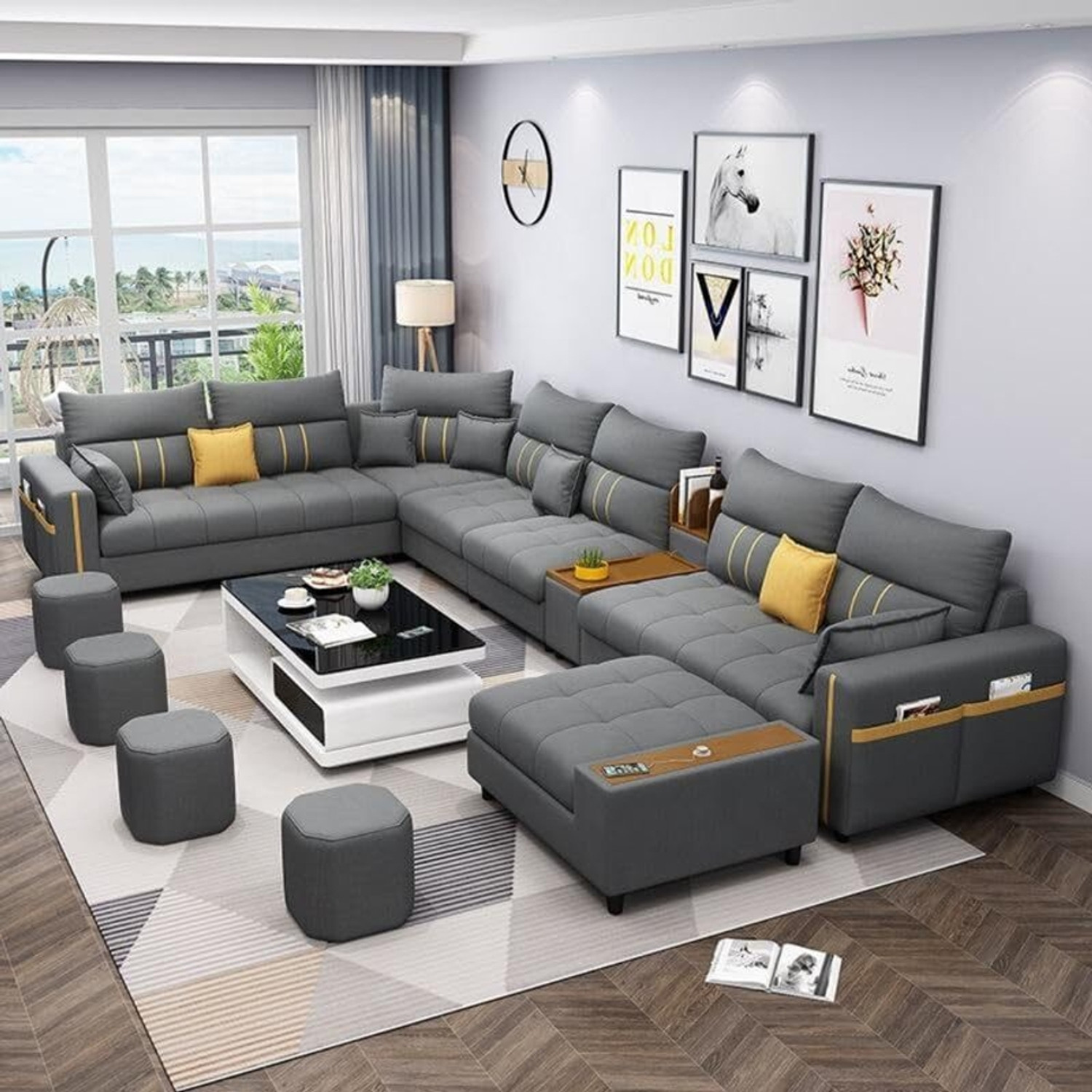 Image of Bharat Furniture 7 Seater Chesterfield L-Shape Sofa Set with Square Glass Table & 2 Puffies Fabric 3 + 3 + 1 Sofa Set (Light Grey & Dark Brown, DIY(Do-It-Yourself))