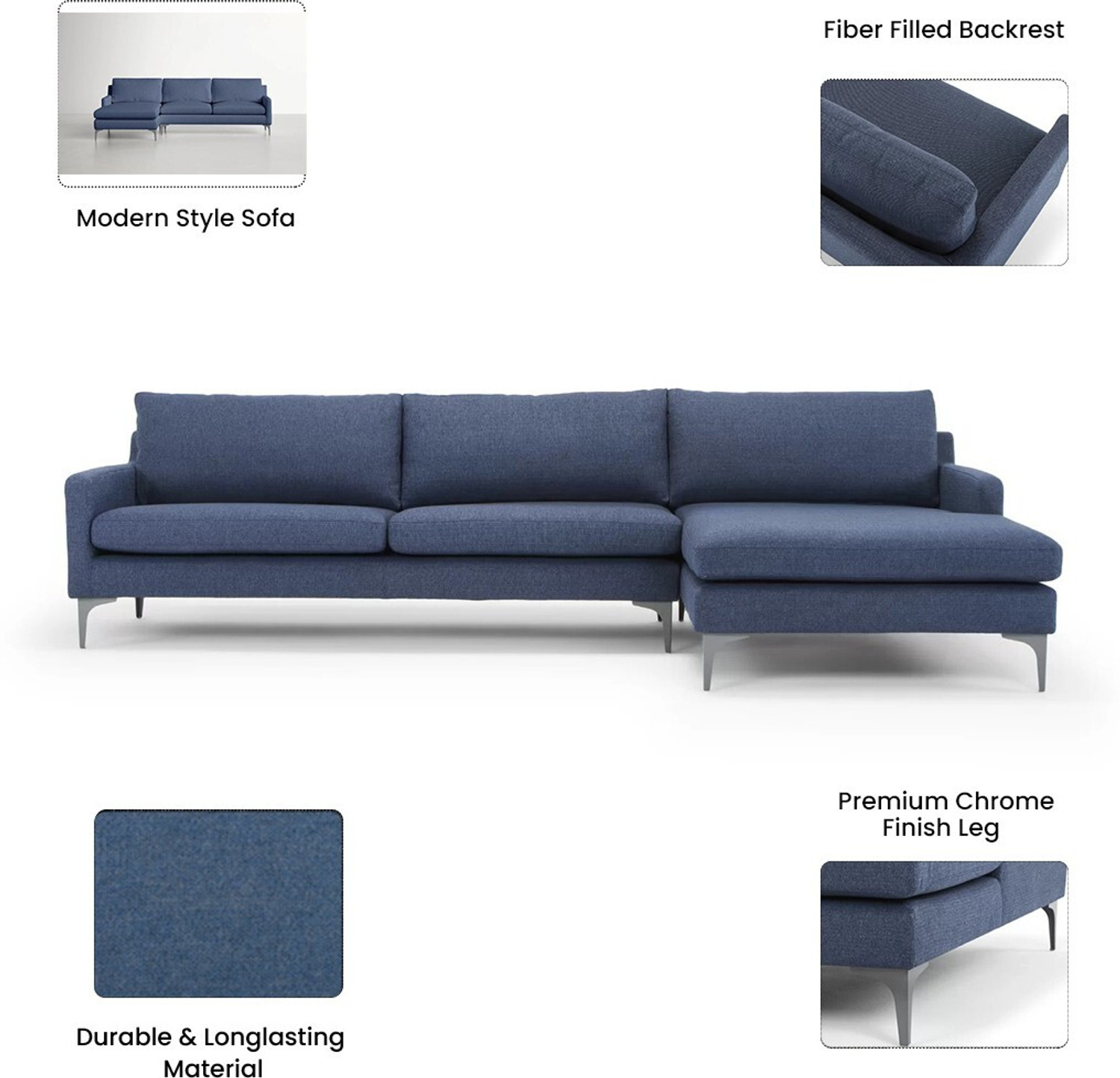 Image of Torque Franco 4 Seater Fabric L Shape Sofa for Living Room - (Right Side, Blue) Fabric 4 Seater Sofa (Finish Color - Blue, DIY(Do-It-Yourself))