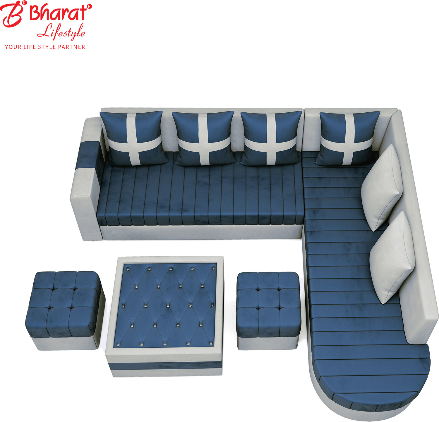 Image of Bharat Lifestyle Kohinoor Fabric 8 Seater Sofa (Finish Color - Blue & Grey, DIY(Do-It-Yourself))