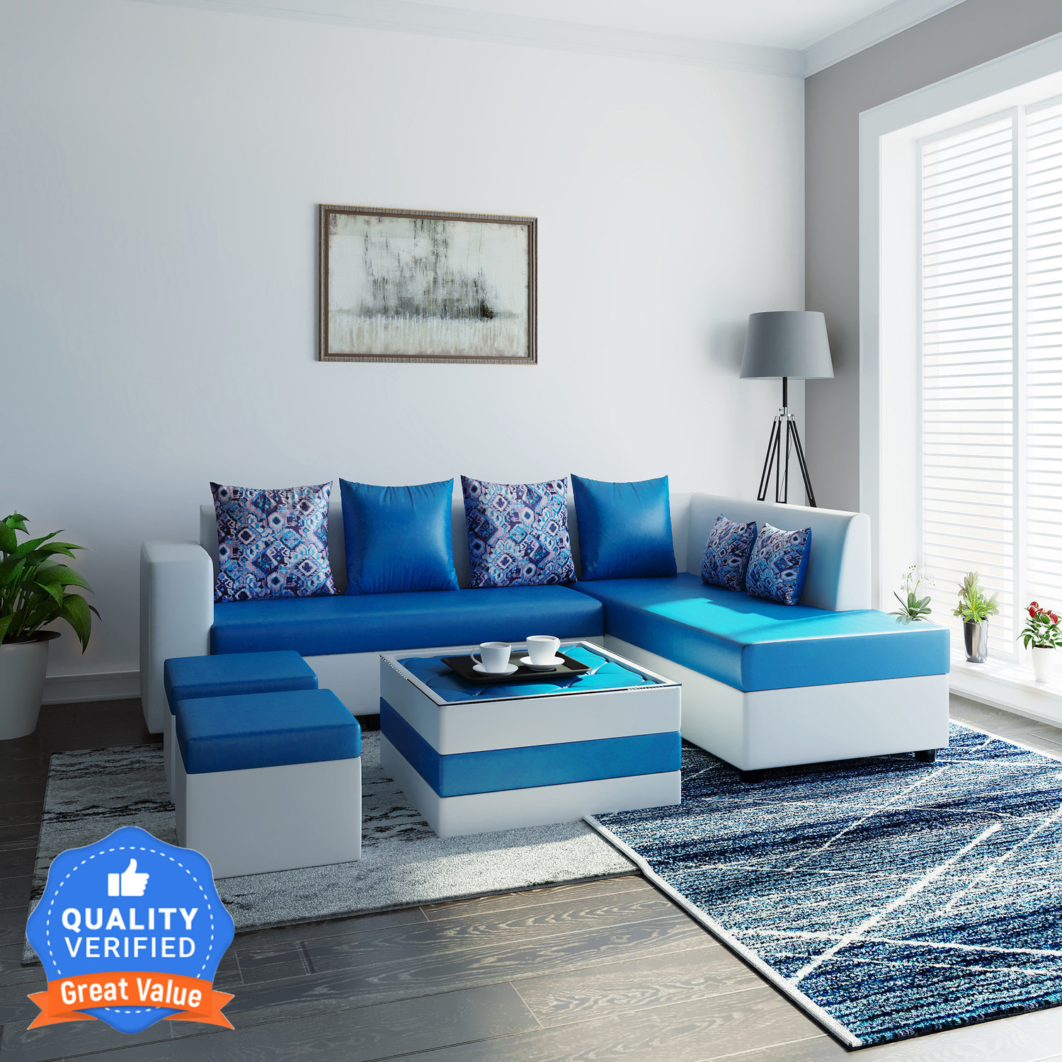 Image of Bharat Furniture 7 Seater Chesterfield L-Shape Sofa Set with Square Glass Table & 2 Puffies Fabric 3 + 3 + 1 Sofa Set (Light Grey & Dark Brown, DIY(Do-It-Yourself))