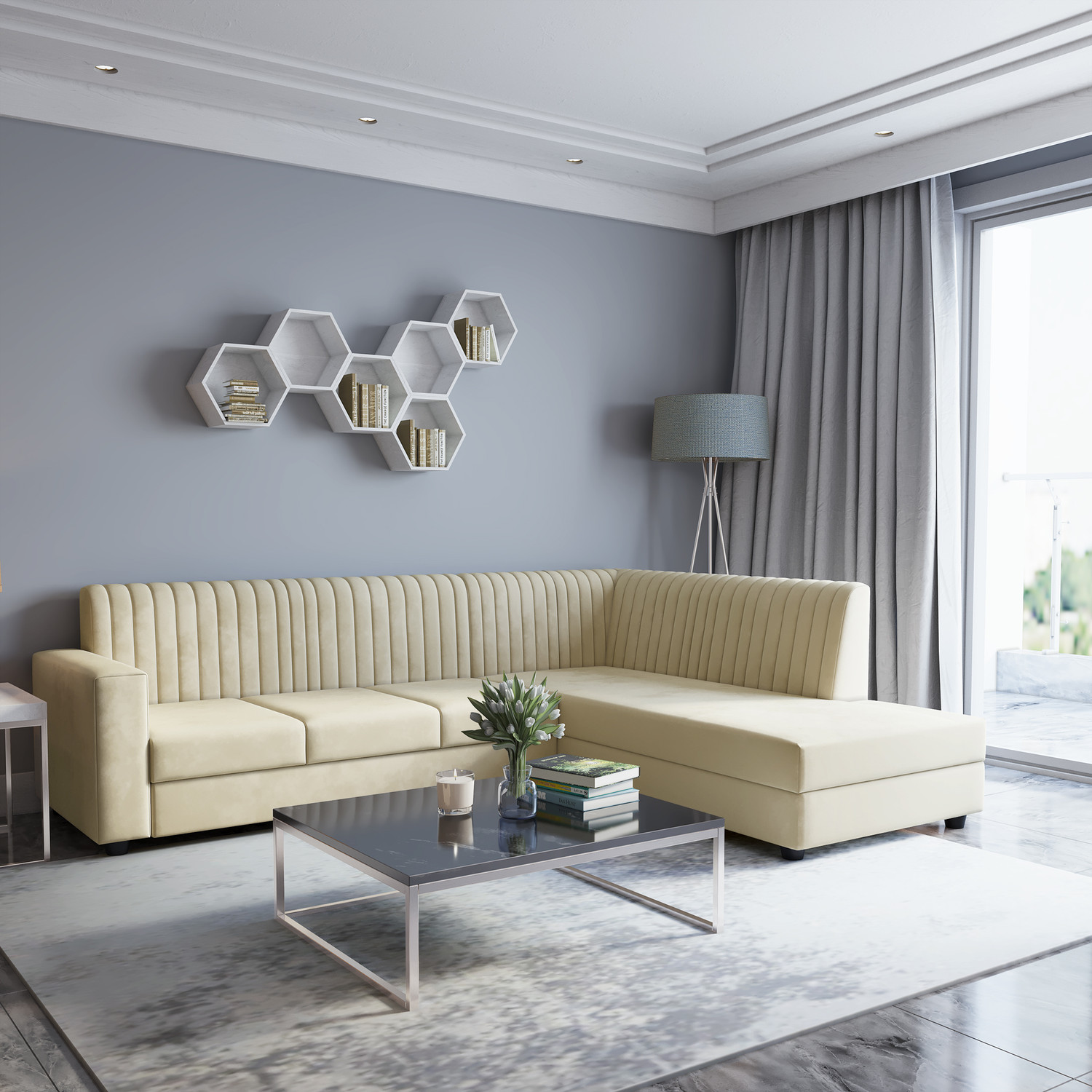 Image of Bharat Lifestyle Kohinoor Fabric 8 Seater Sofa (Finish Color - Blue & Grey, DIY(Do-It-Yourself))