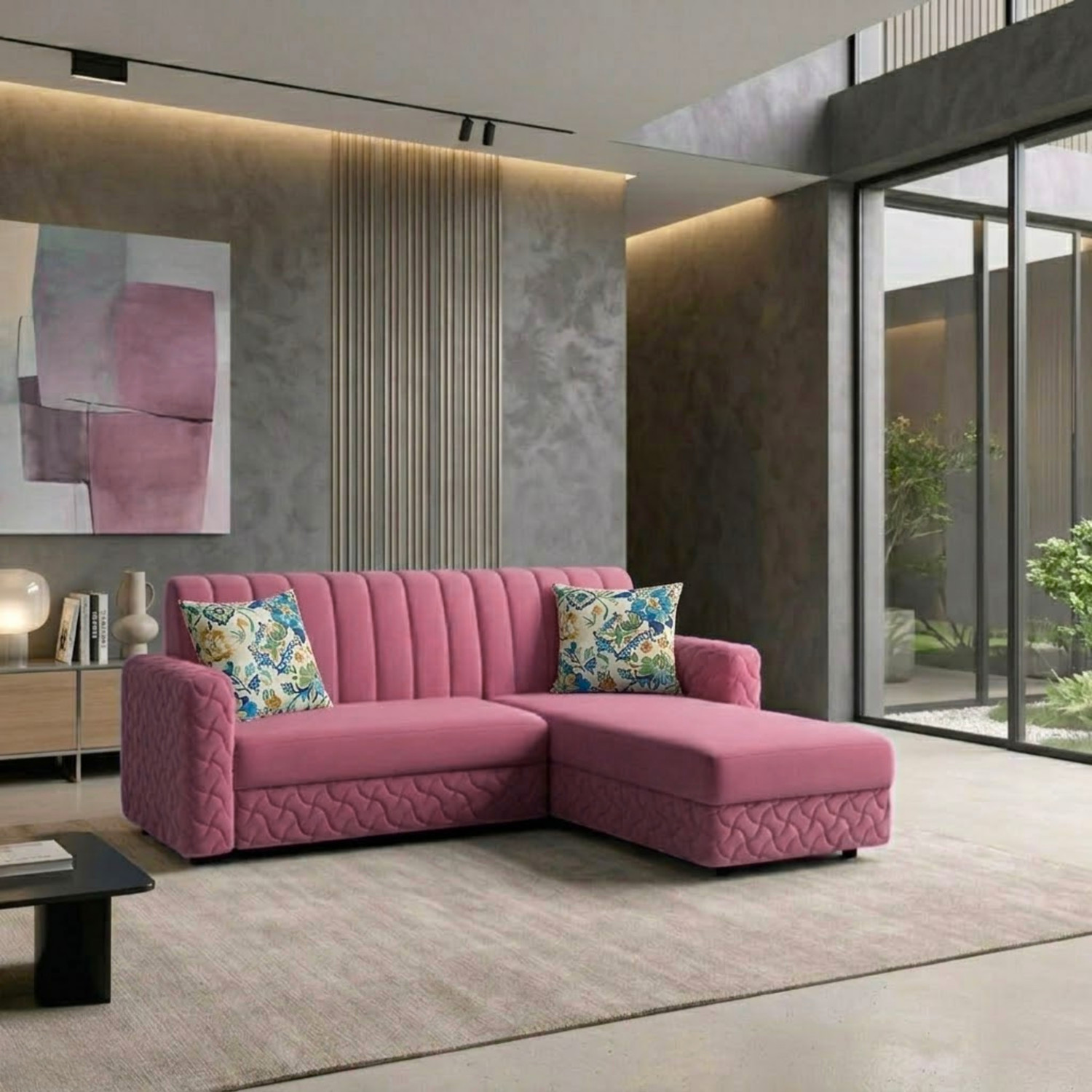 Image of FURNY Joybird 5 Seater LHS L Shape Sofa Cum Bed Set | Premium Leatherette Upholster Fabric 5 Seater Sofa (Finish Color - Brown, Pre-assembled)