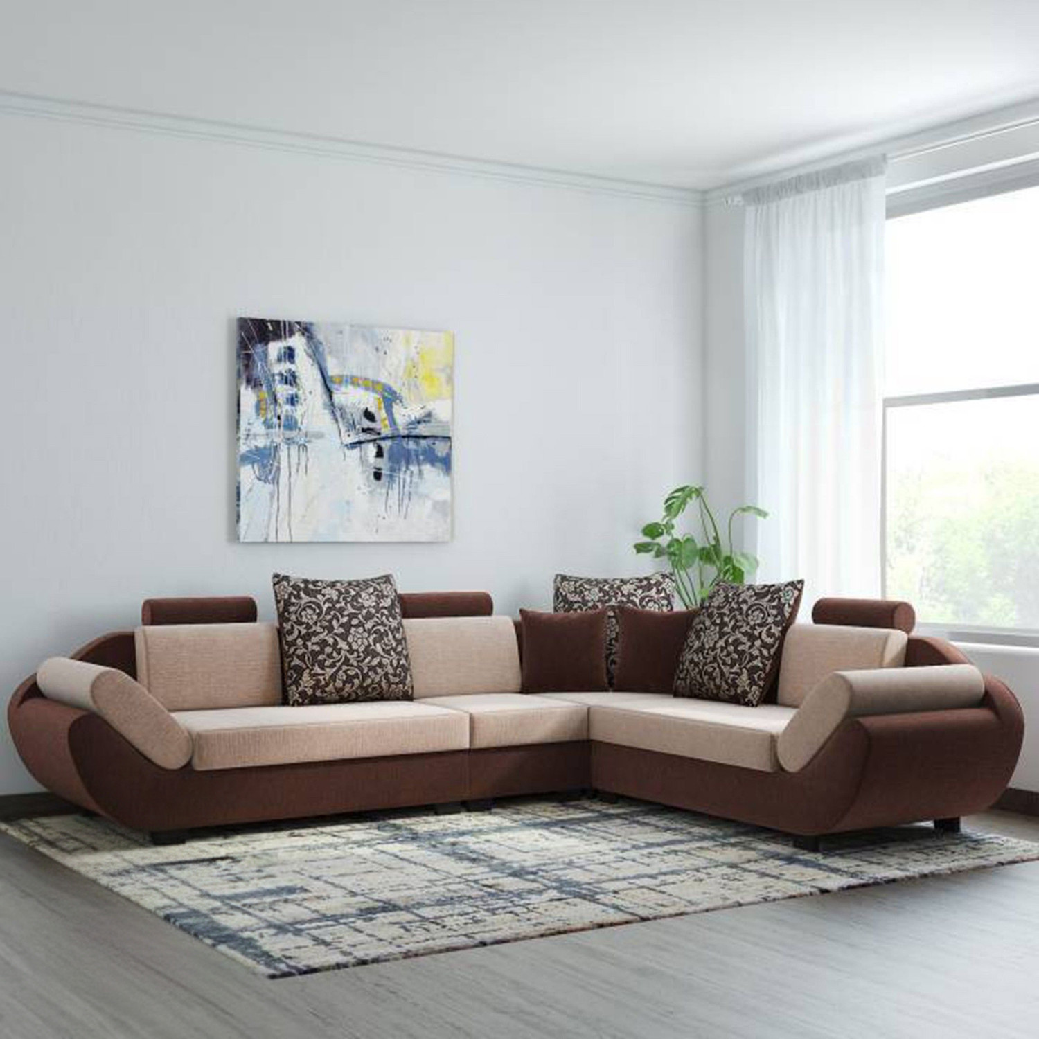 Image of FURNY Joybird 5 Seater LHS L Shape Sofa Cum Bed Set | Premium Leatherette Upholster Fabric 5 Seater Sofa (Finish Color - Brown, Pre-assembled)