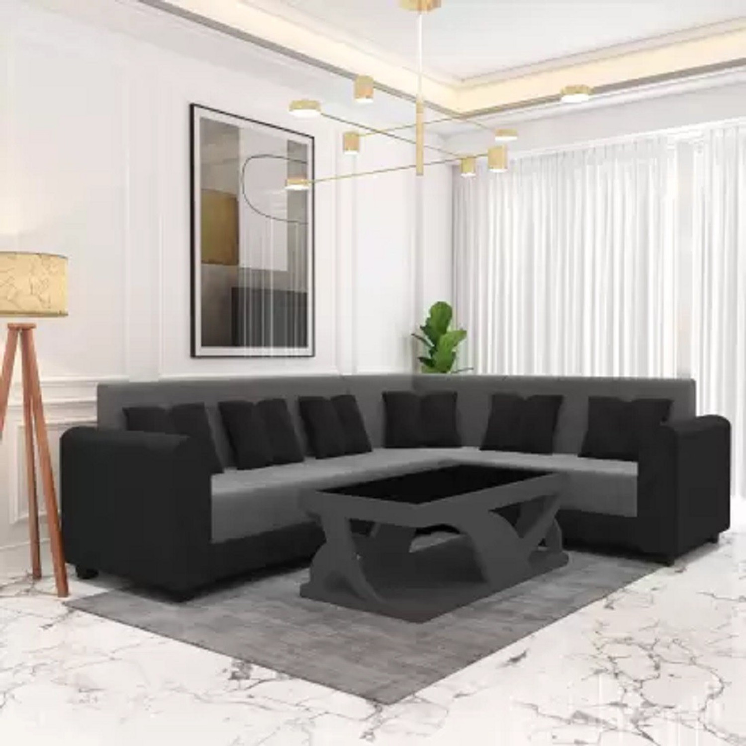Image of Dr Smith Modern L-Shaped Sectional Sofa Set with Tufted Backrest & Ottoman Fabric 5 Seater Sofa (Finish Color - Brown, Pre-assembled)