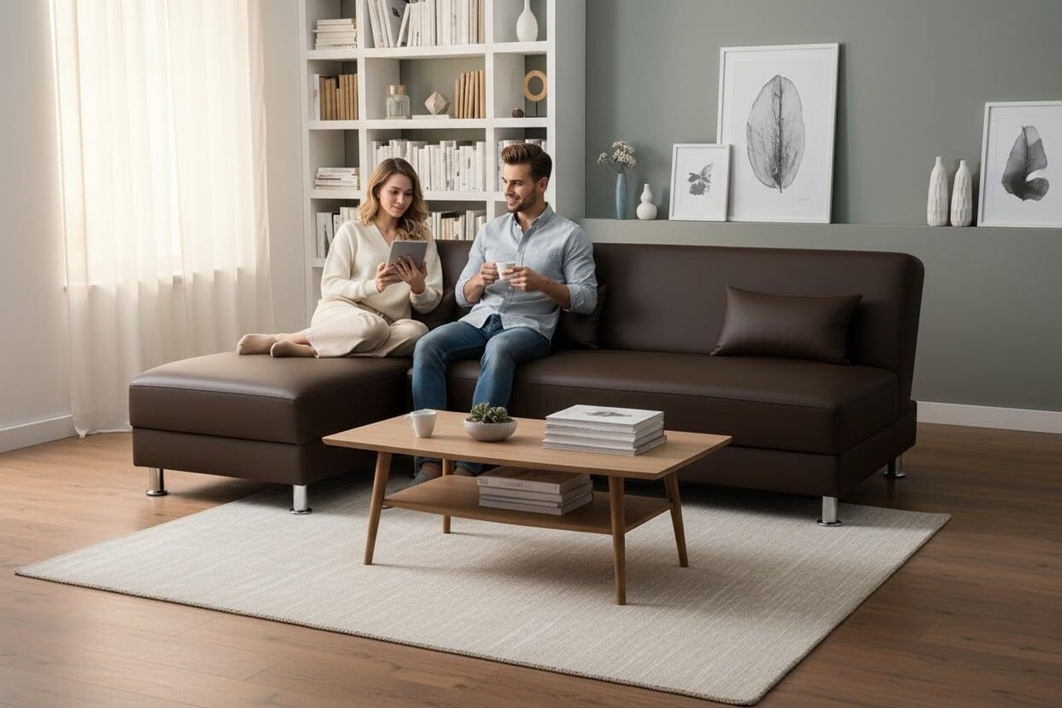 Image of FURNY Joybird 5 Seater LHS L Shape Sofa Cum Bed Set | Premium Leatherette Upholster Fabric 5 Seater Sofa (Finish Color - Brown, Pre-assembled)
