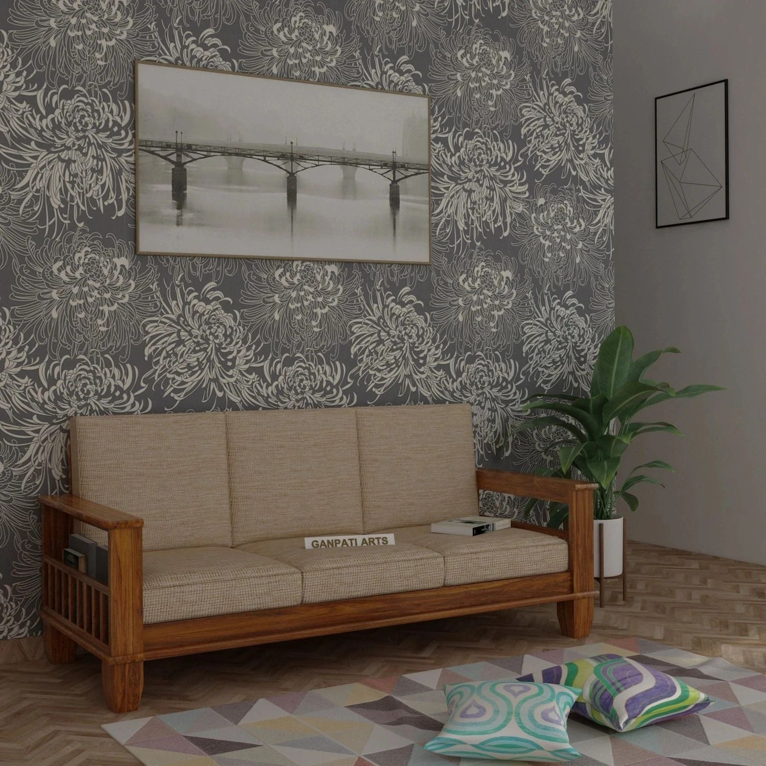 Image of Lakewood Furniture Wooden 5 Seater Sofa Fabric 3 + 1 + 1 Sofa Set (Teak Finish, DIY(Do-It-Yourself))