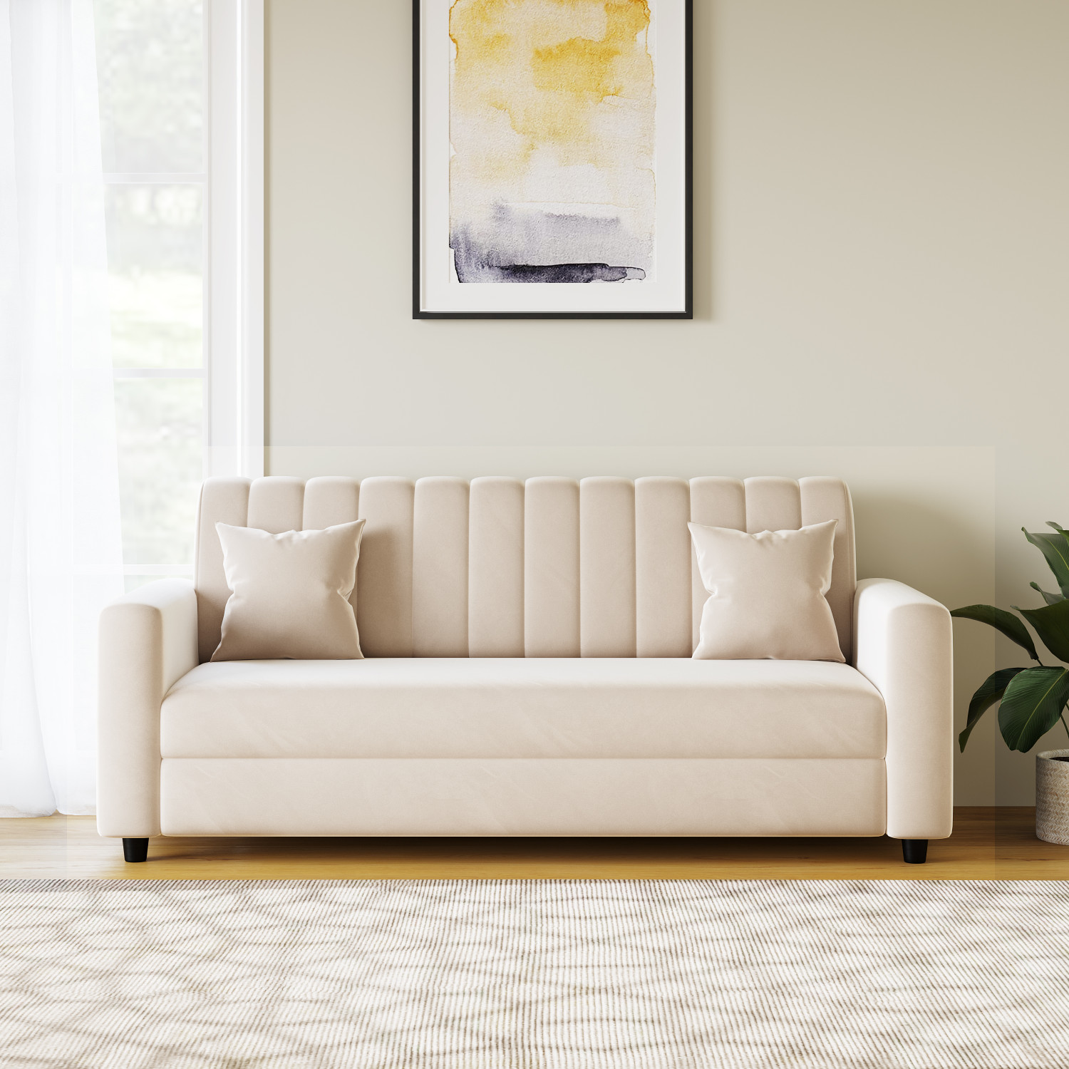 Image of RM HOME Oliver Cumbed Fabric 3 Seater Sofa (Finish Color - Beige, DIY(Do-It-Yourself))