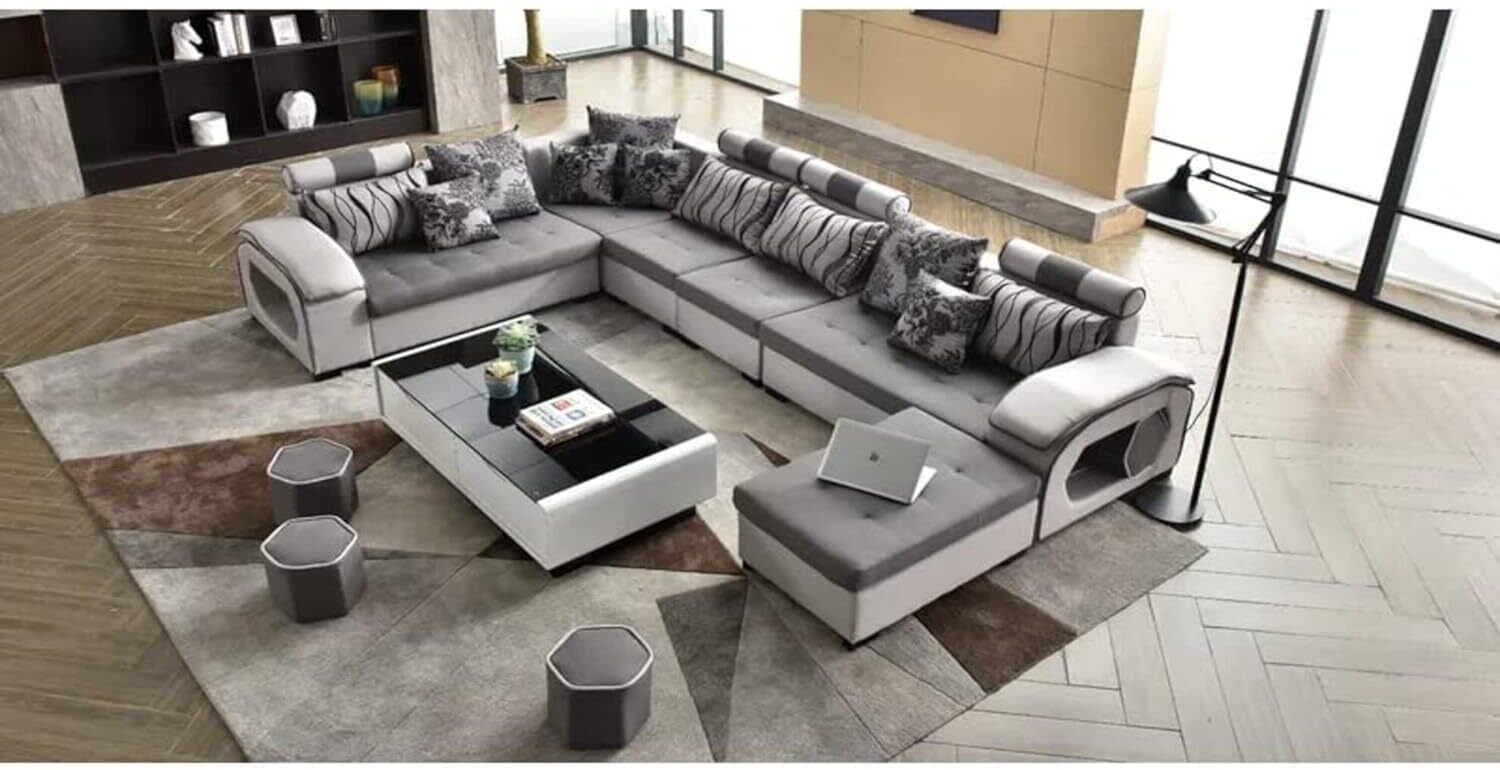 Image of Bharat Furniture 7 Seater Chesterfield L-Shape Sofa Set with Square Glass Table & 2 Puffies Fabric 3 + 3 + 1 Sofa Set (Light Grey & Dark Brown, DIY(Do-It-Yourself))