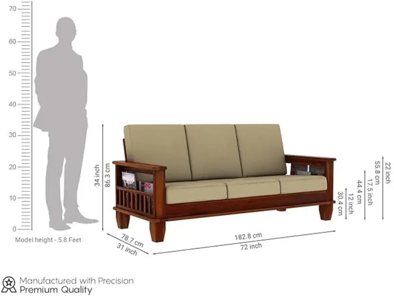 Image of Lakewood Furniture Wooden 5 Seater Sofa Fabric 3 + 1 + 1 Sofa Set (Teak Finish, DIY(Do-It-Yourself))