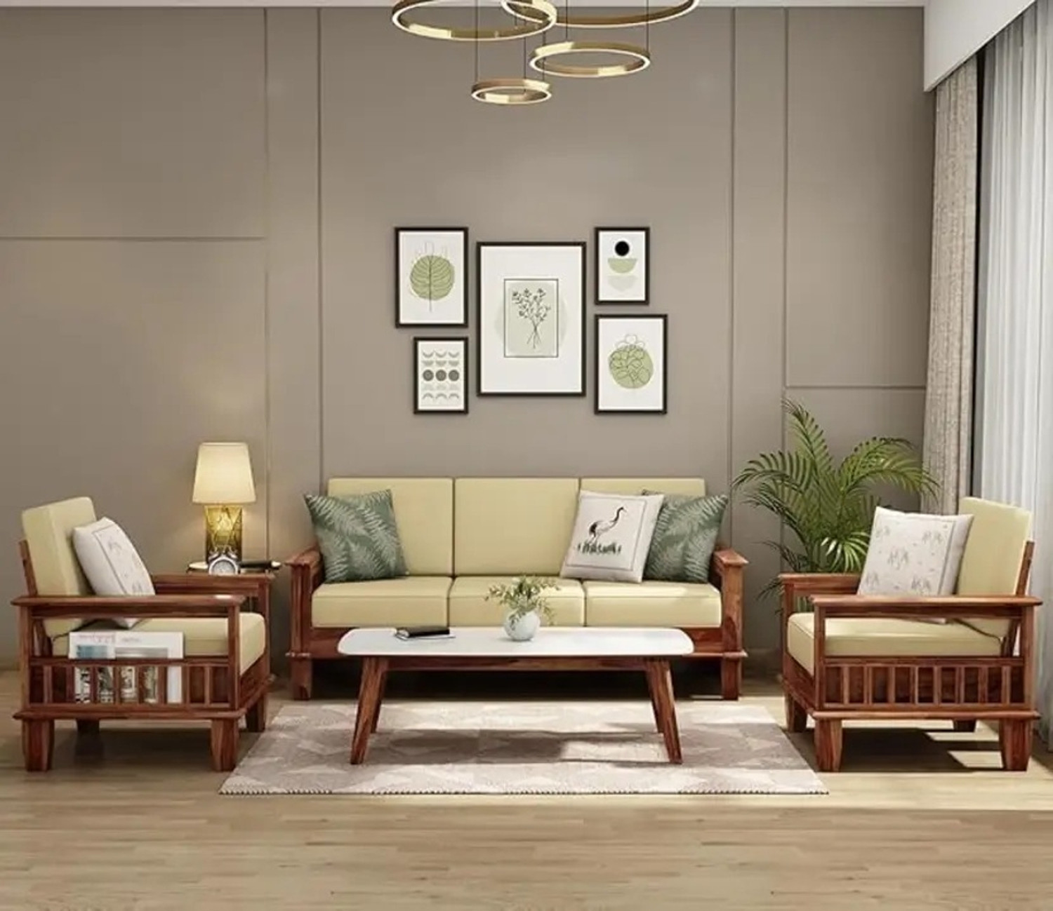 Image of Lakewood Furniture Wooden 5 Seater Sofa Fabric 3 + 1 + 1 Sofa Set (Teak Finish, DIY(Do-It-Yourself))