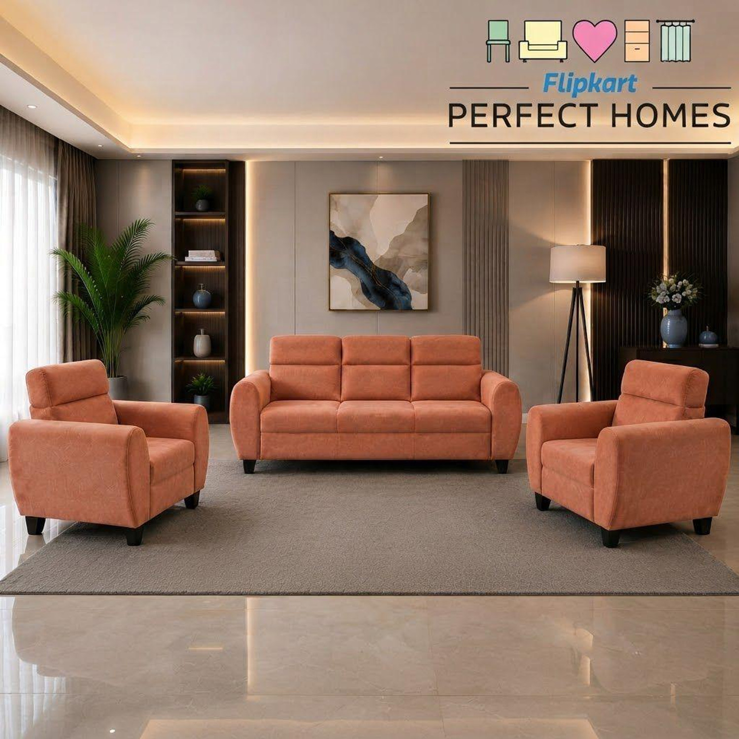 Image of Lakewood Furniture Wooden 5 Seater Sofa Fabric 3 + 1 + 1 Sofa Set (Teak Finish, DIY(Do-It-Yourself))
