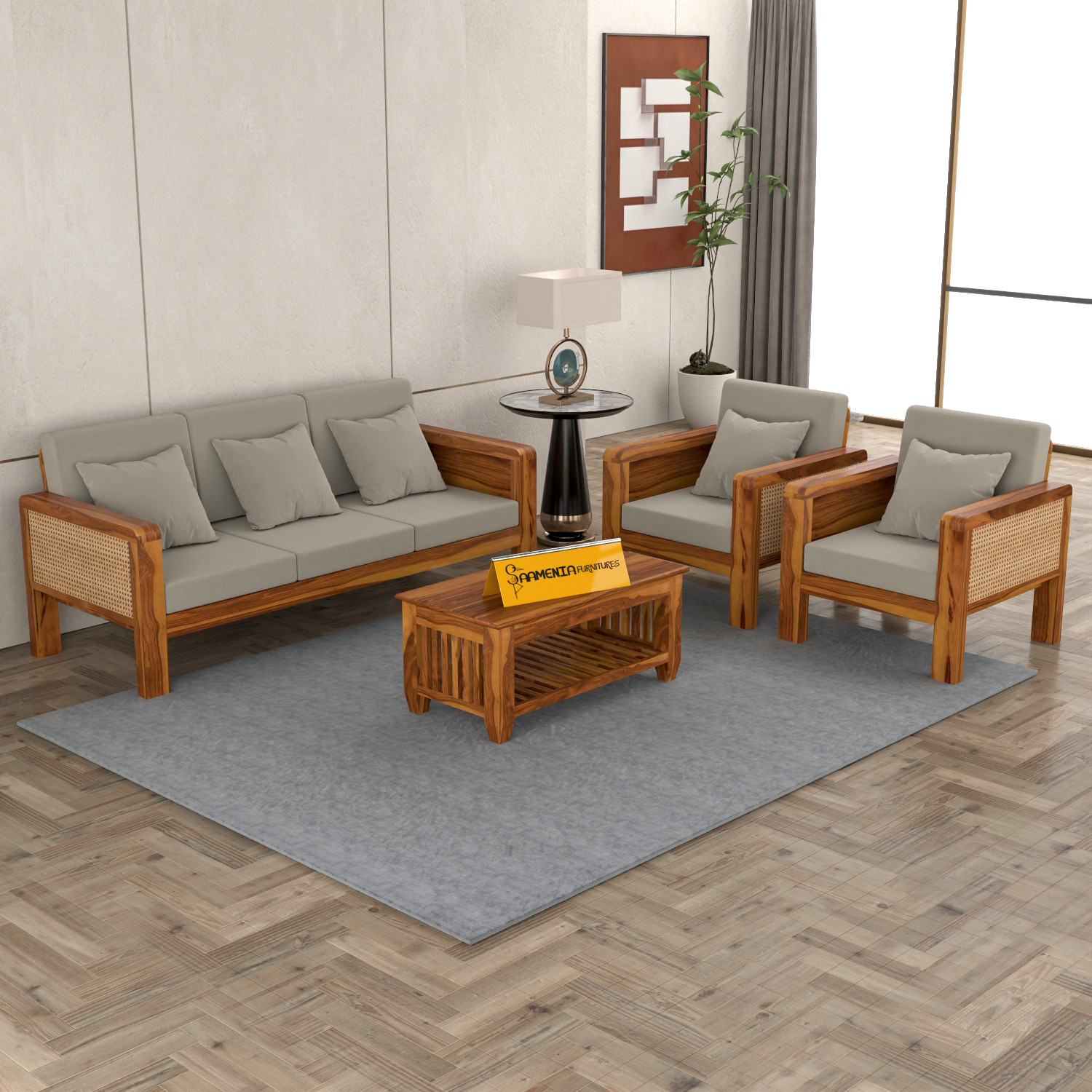 Image of Lakewood Furniture Wooden 5 Seater Sofa Fabric 3 + 1 + 1 Sofa Set (Teak Finish, DIY(Do-It-Yourself))