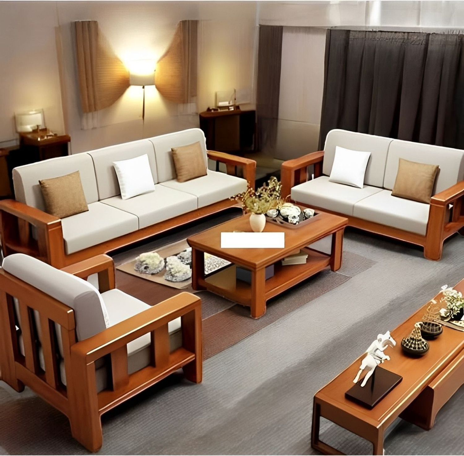 Image of Lakewood Furniture Wooden 5 Seater Sofa Fabric 3 + 1 + 1 Sofa Set (Teak Finish, DIY(Do-It-Yourself))