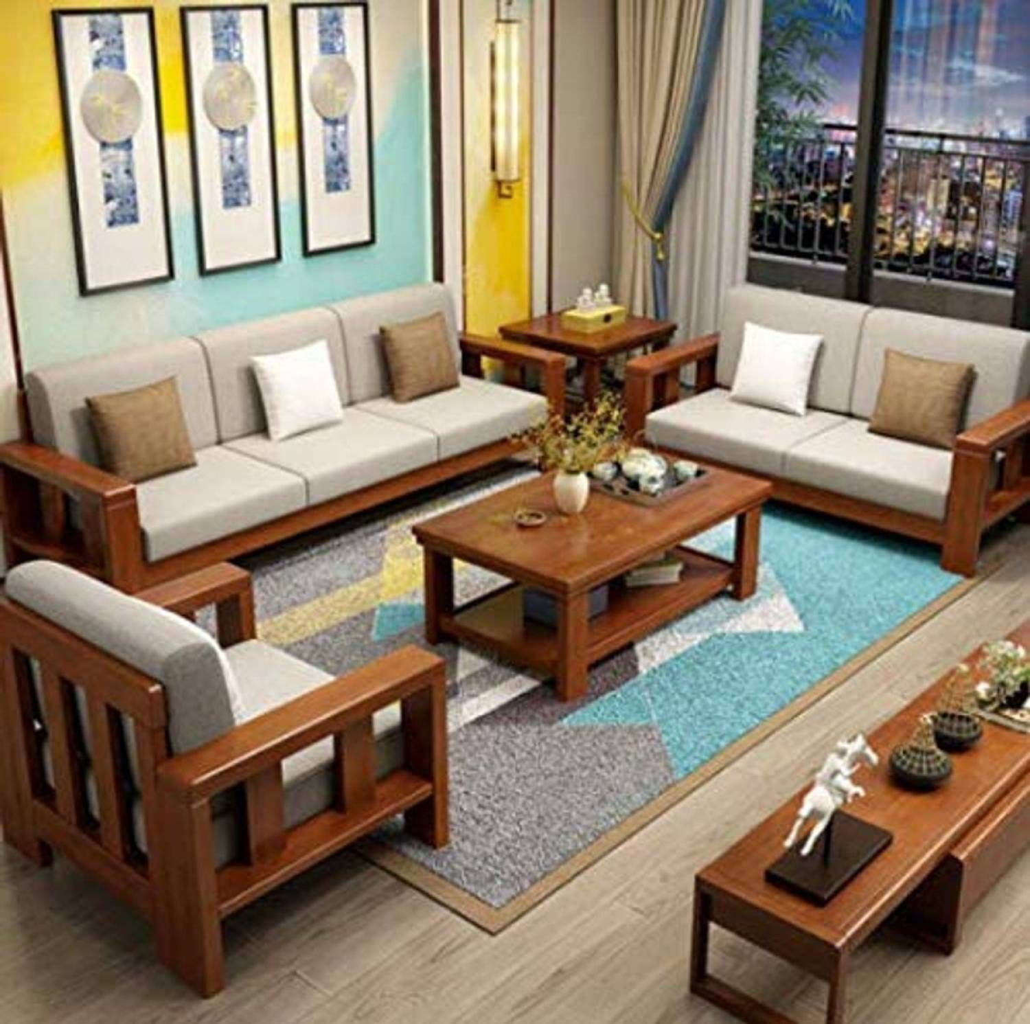 Image of Bharat Lifestyle Kohinoor Fabric 8 Seater Sofa (Finish Color - Blue & Grey, DIY(Do-It-Yourself))