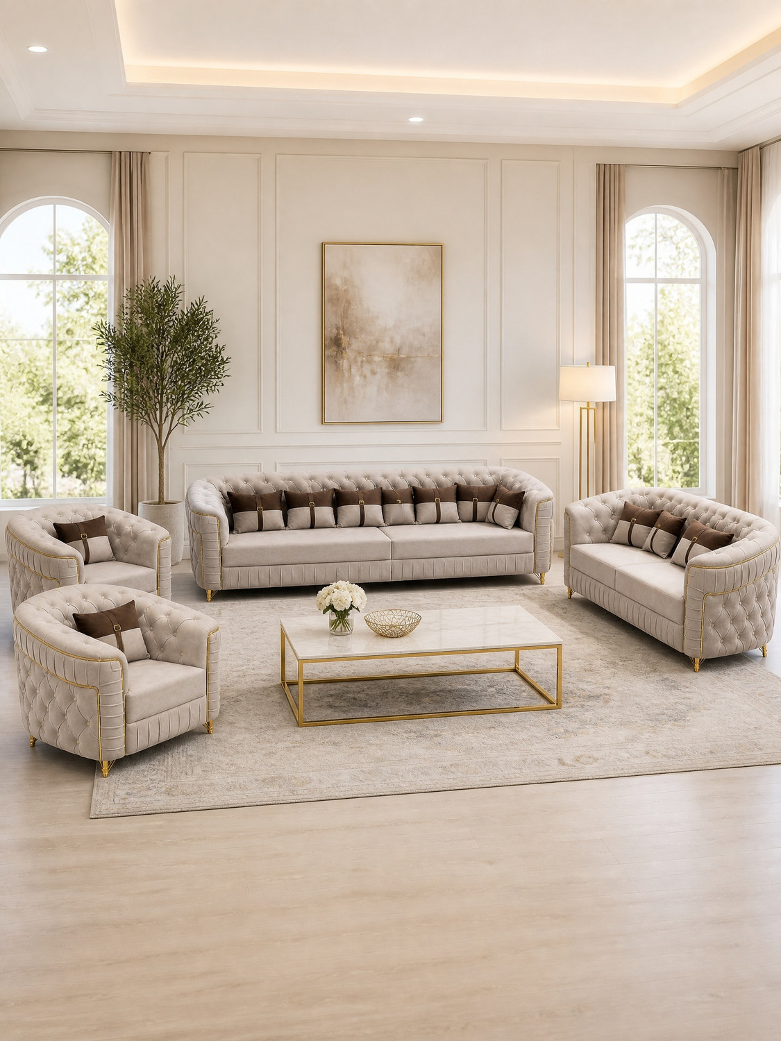 Image of Bharat Furniture 7 Seater Chesterfield L-Shape Sofa Set with Square Glass Table & 2 Puffies Fabric 3 + 3 + 1 Sofa Set (Light Grey & Dark Brown, DIY(Do-It-Yourself))