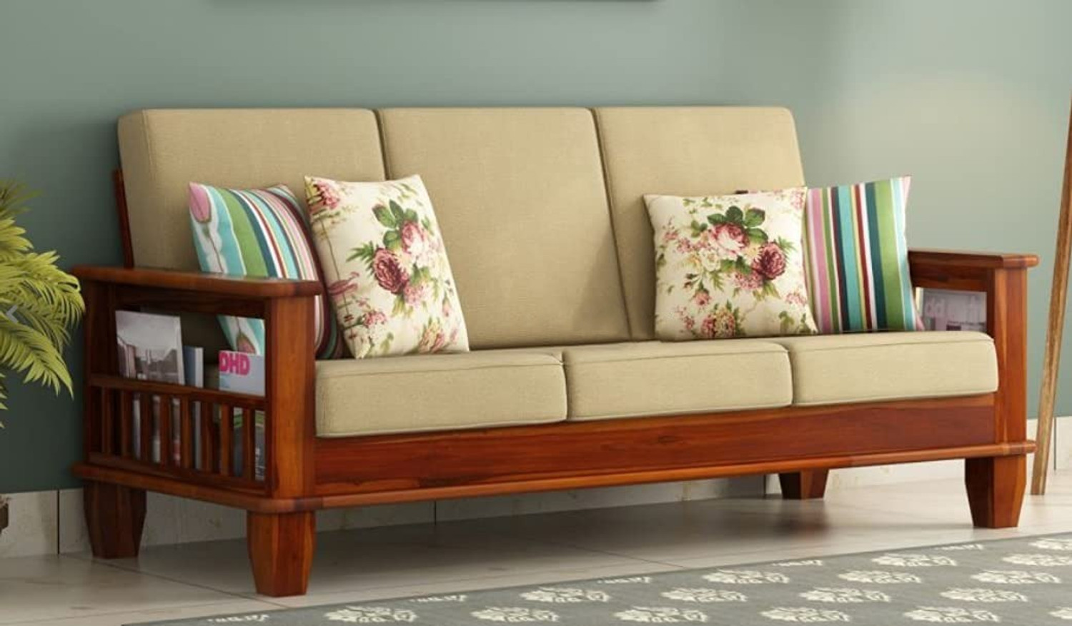 Image of mp enterprises Sheesham Wood 5seater sofa set with cushion for livingroom /Home /Hotel Fabric 3 + 1 + 1 Sofa Set (Honey Finish, DIY(Do-It-Yourself))