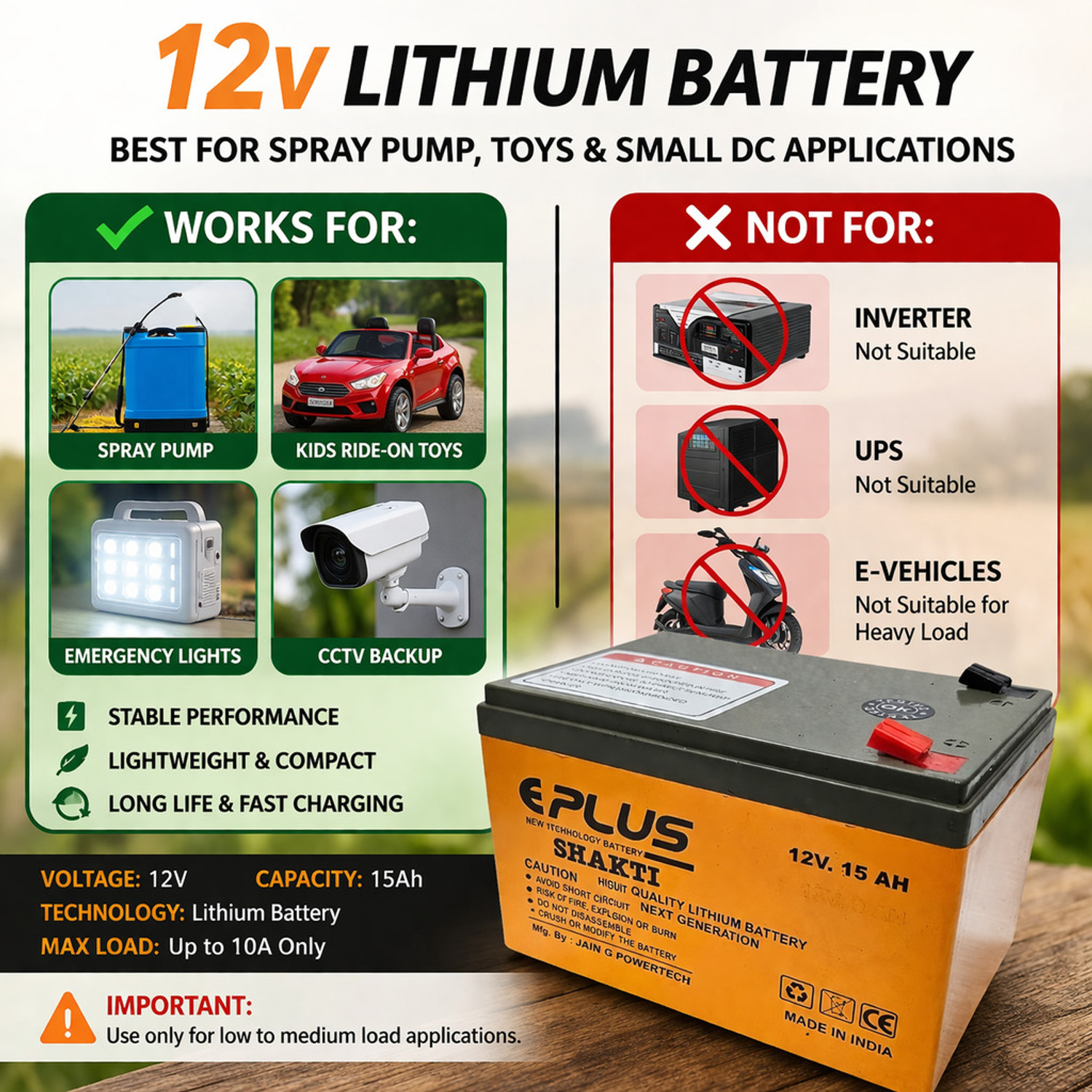 Image of eplus Shakti 12 V 15 AH Lithium Solar Battery (12 V)