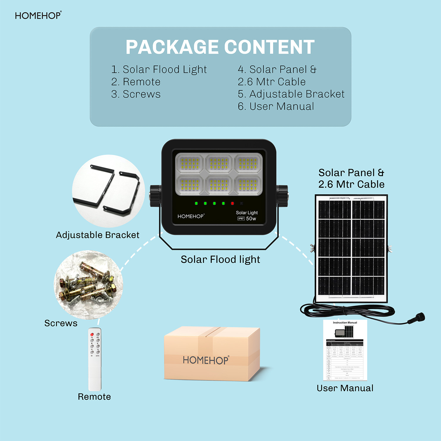 Image of Homehop Solar Lights Outdoor Waterproof 50W Wireless Flood LED Wall lamp for Home Garden Solar Light Set (Wall Mounted Pack of 1)