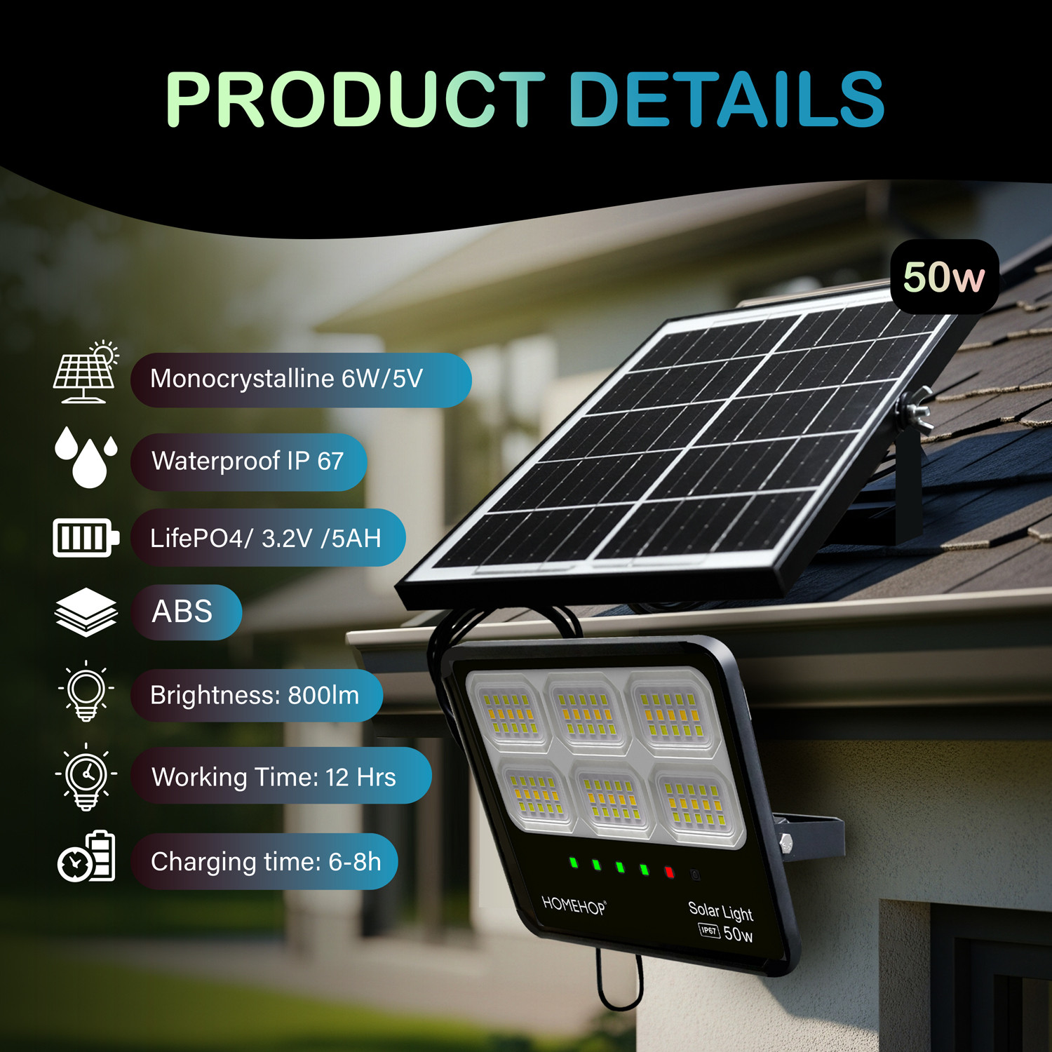Image of Homehop Solar Lights Outdoor Waterproof 50W Wireless Flood LED Wall lamp for Home Garden Solar Light Set (Wall Mounted Pack of 1)
